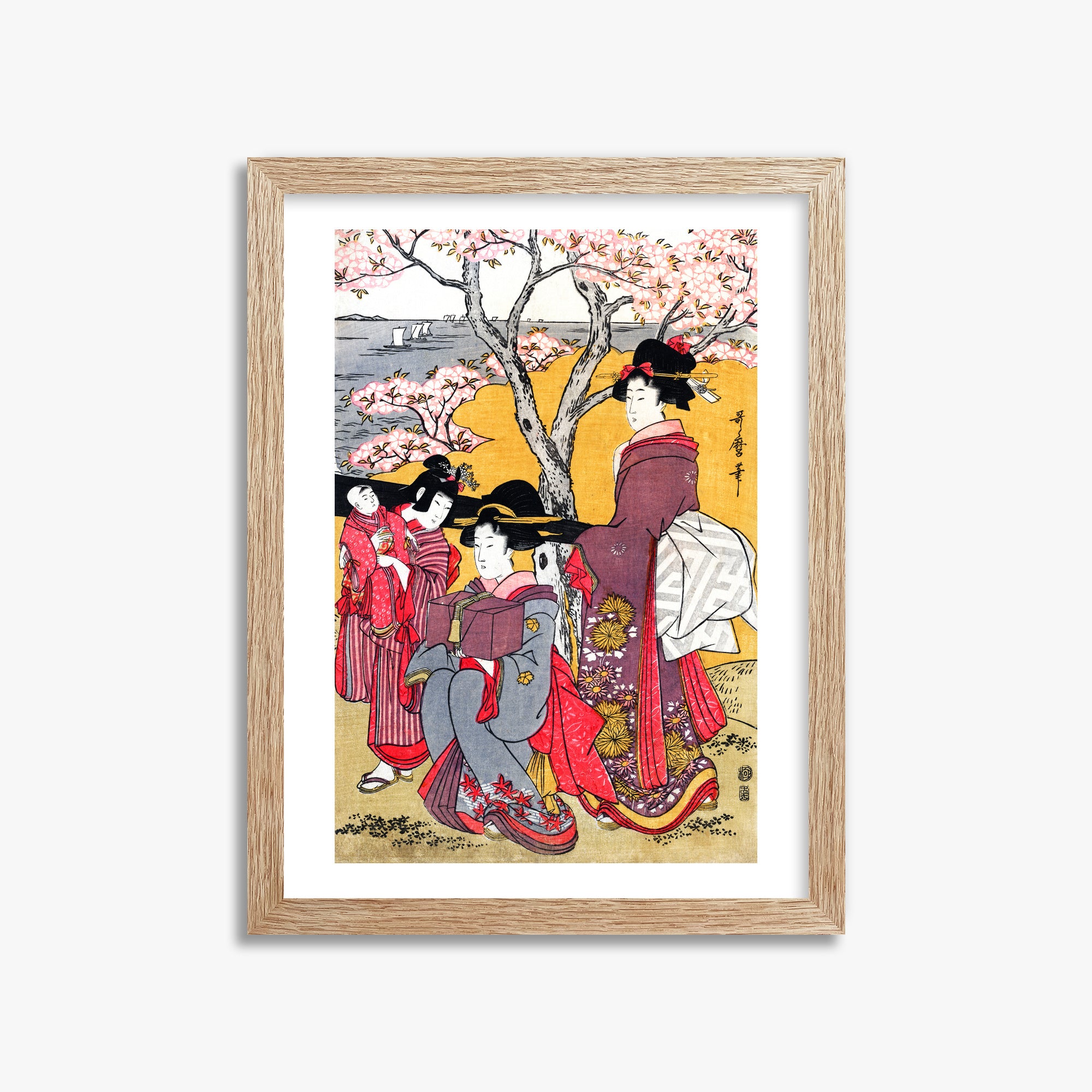 Kitagawa Utamaro: Cherry-viewing at Gotenyama, 30x40cm Framed Art Reproduction With Raw Oak Frame