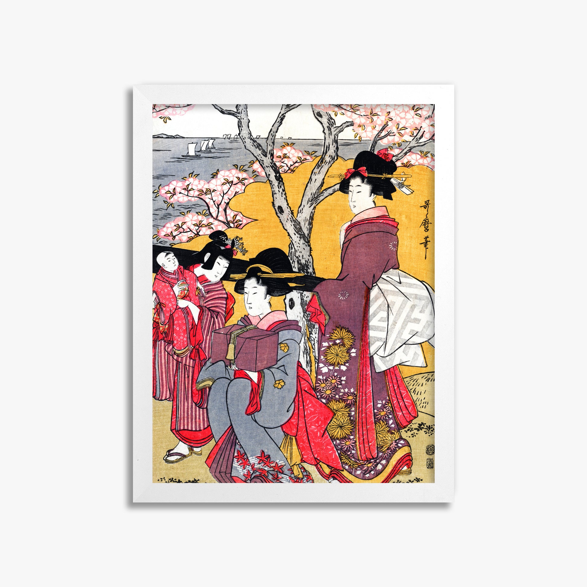 Kitagawa Utamaro: Cherry-viewing at Gotenyama, 30x40cm Framed Art Reproduction With White Frame