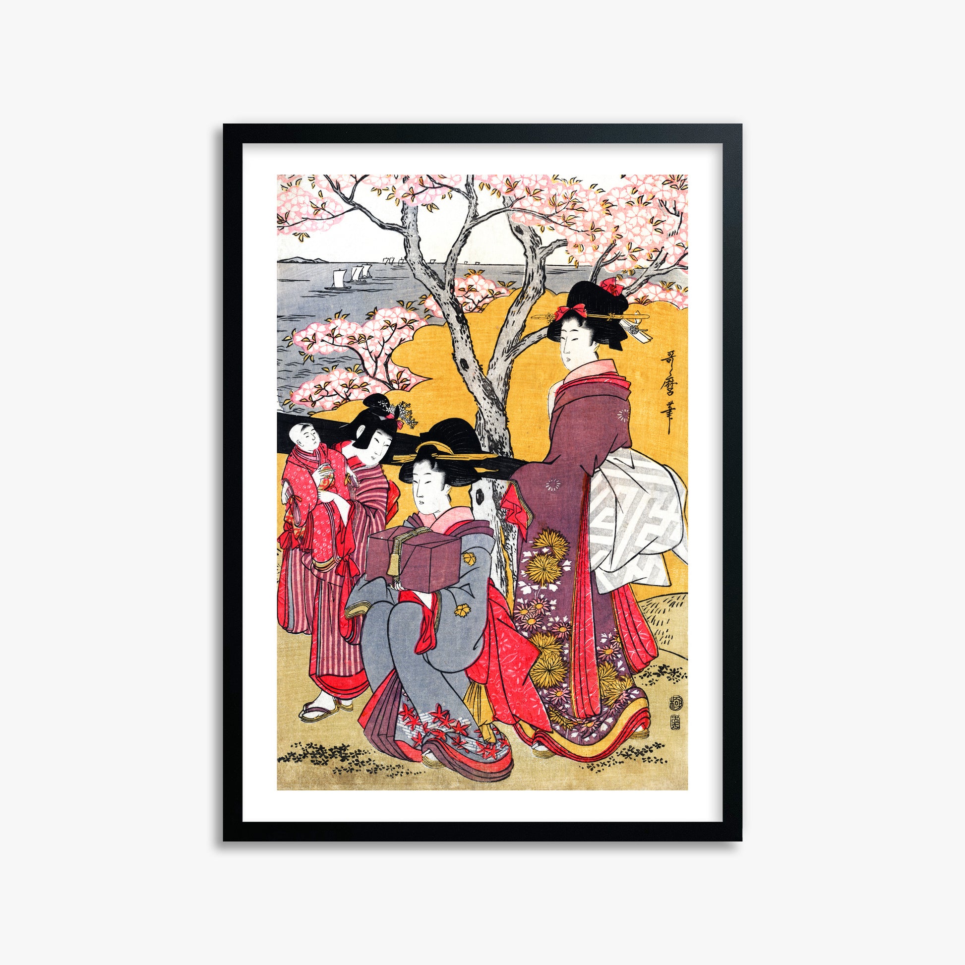 Kitagawa Utamaro: Cherry-viewing at Gotenyama, 50x70cm Framed Art Reproduction With Black Frame