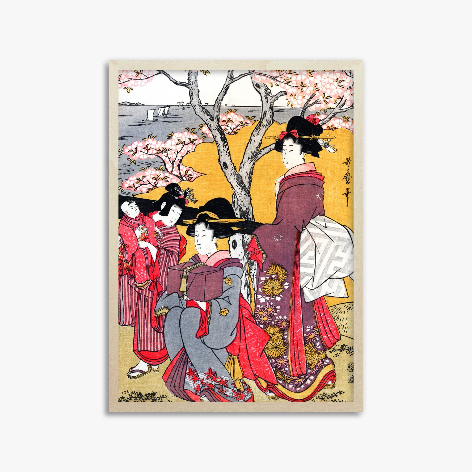 Kitagawa Utamaro: Cherry-viewing at Gotenyama, 50x70cm Framed Art Reproduction With Lime Wood Frame