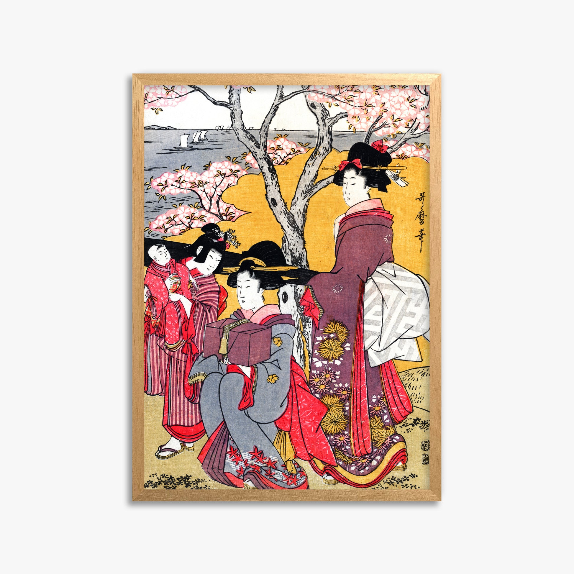 Kitagawa Utamaro: Cherry-viewing at Gotenyama, 50x70cm Framed Art Reproduction With Oak Frame