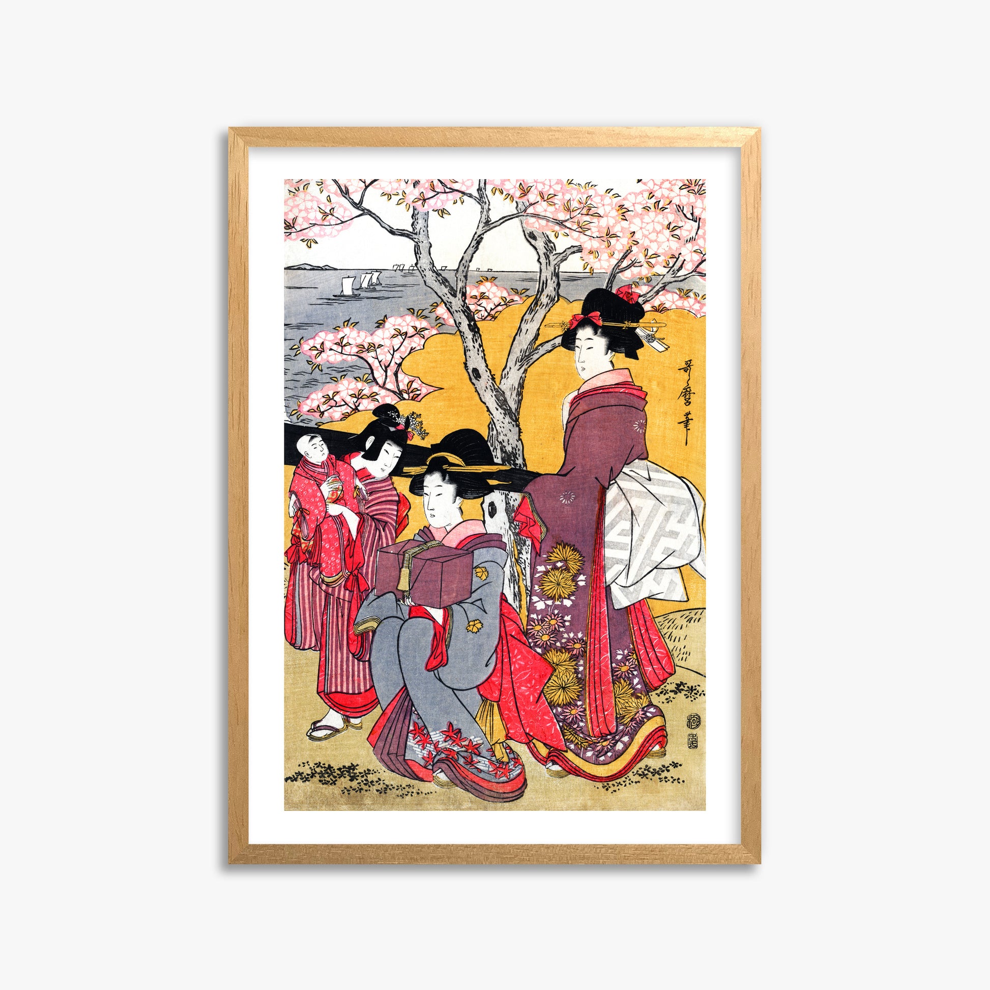 Kitagawa Utamaro: Cherry-viewing at Gotenyama, 50x70cm Framed Art Reproduction With Oak Frame