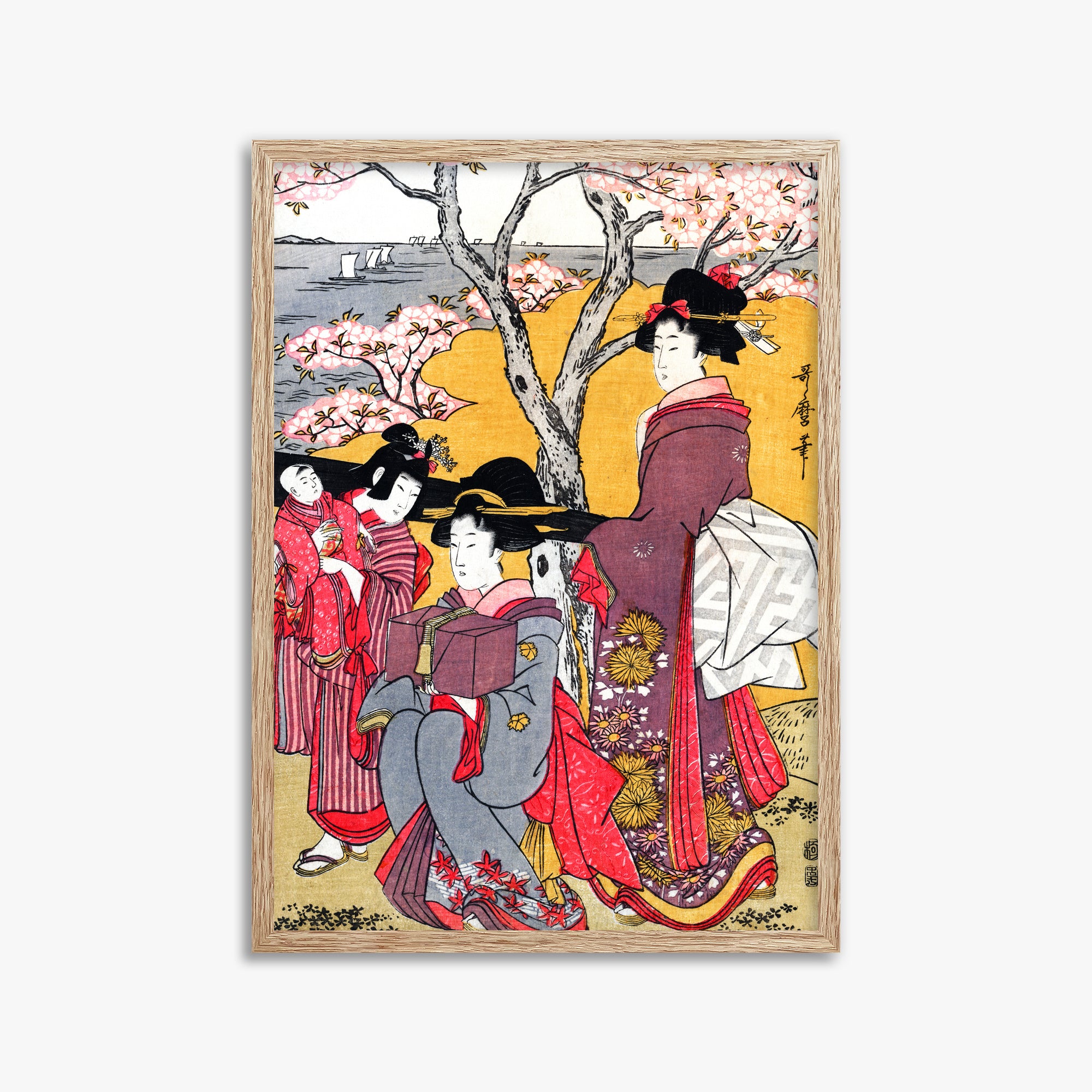 Kitagawa Utamaro: Cherry-viewing at Gotenyama, 50x70cm Framed Art Reproduction With Raw Oak Frame