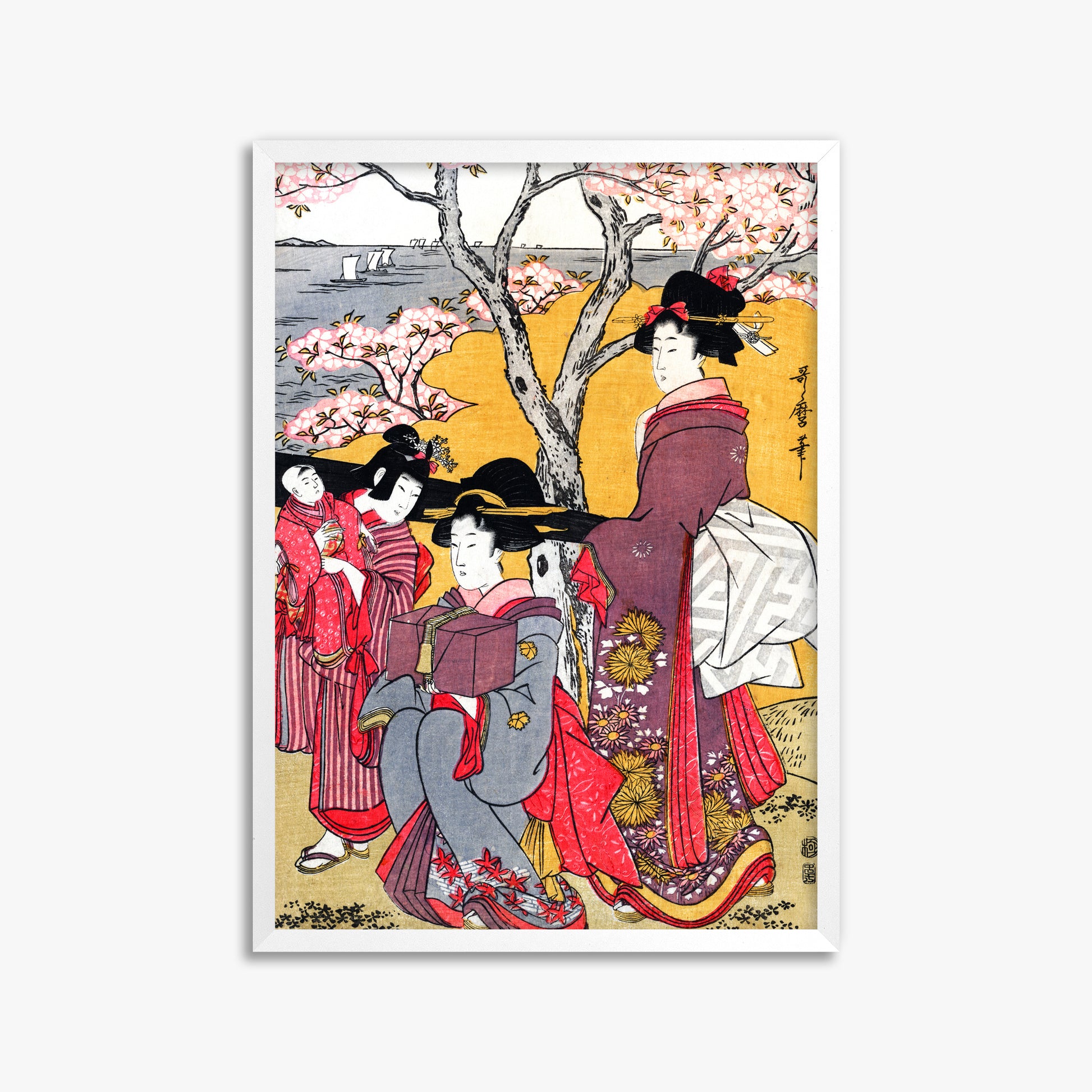 Kitagawa Utamaro: Cherry-viewing at Gotenyama, 50x70cm Framed Art Reproduction With White Frame