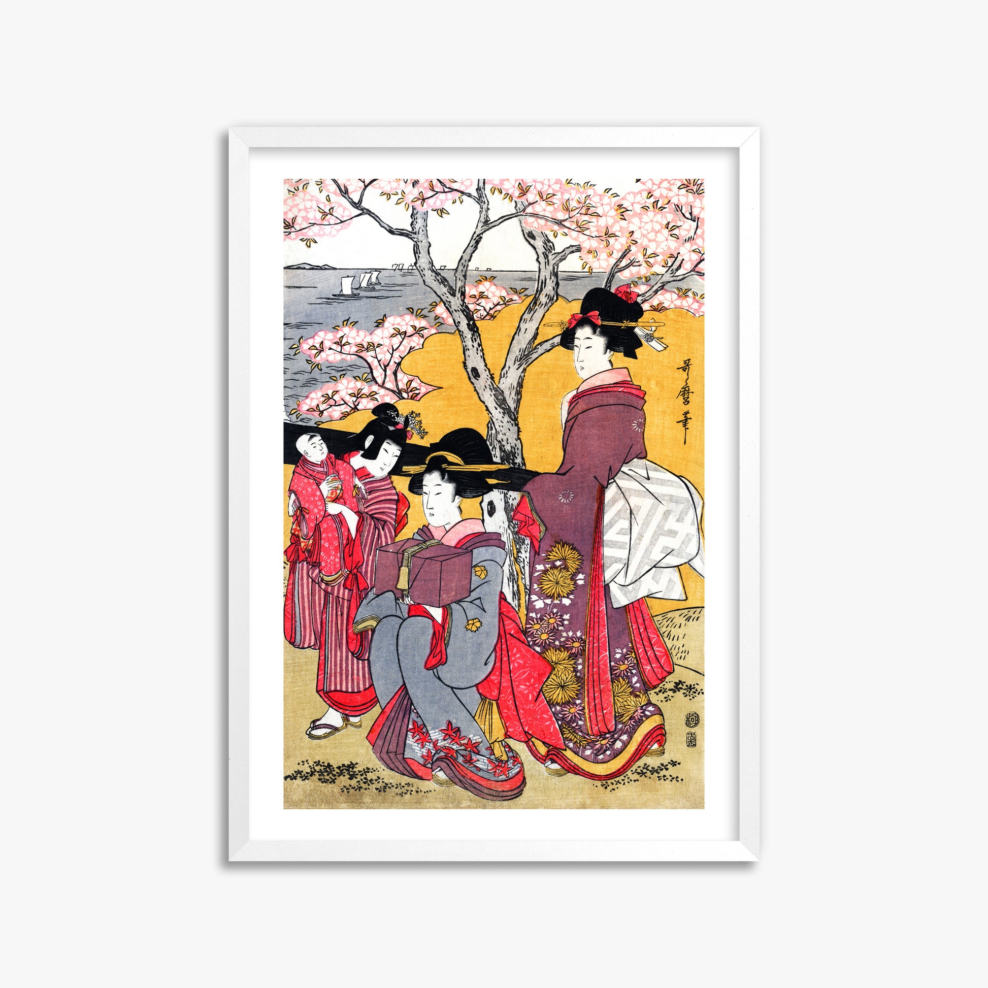 Kitagawa Utamaro: Cherry-viewing at Gotenyama, 50x70cm Framed Art Reproduction With White Frame