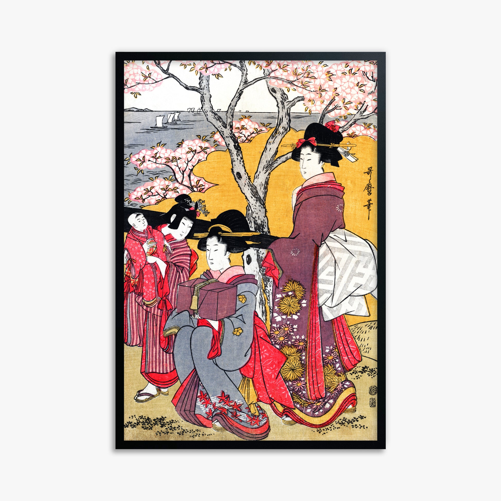 Kitagawa Utamaro: Cherry-viewing at Gotenyama, 61x91cm Framed Art Reproduction With Black Frame