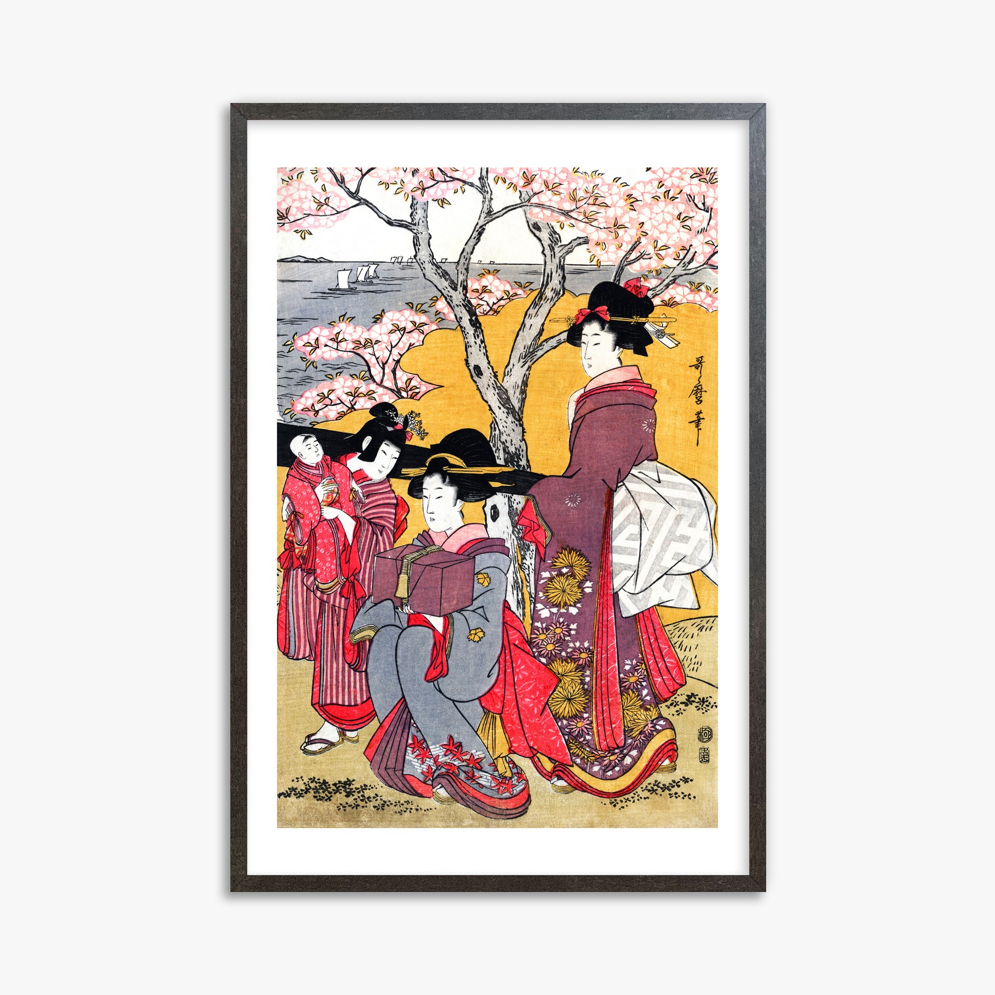 Kitagawa Utamaro: Cherry-viewing at Gotenyama, 61x91cm Framed Art Reproduction With Espresso Frame