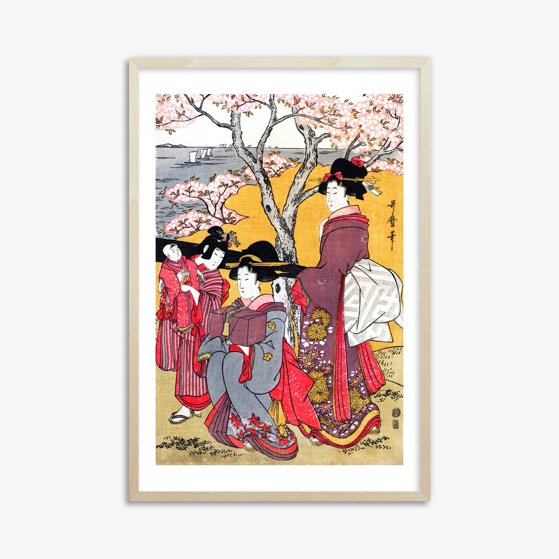 Kitagawa Utamaro: Cherry-viewing at Gotenyama, 61x91cm Framed Art Reproduction With Lime Wood Frame