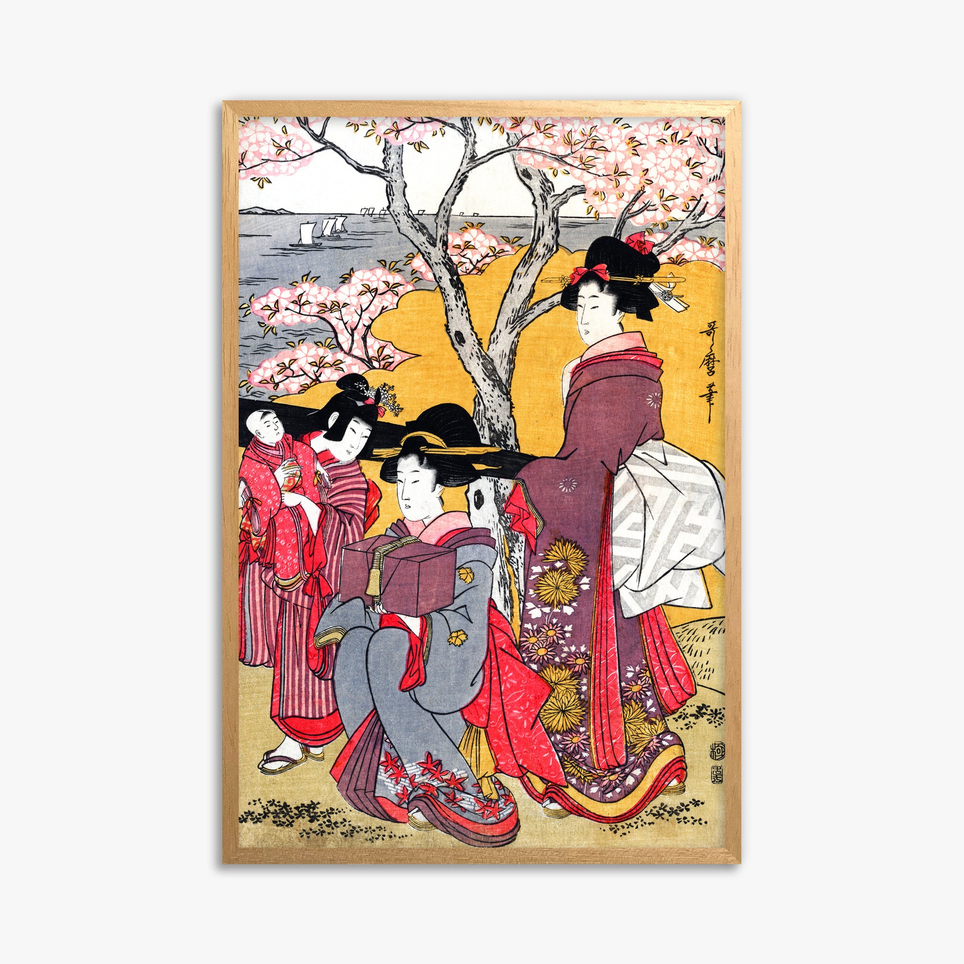 Kitagawa Utamaro: Cherry-viewing at Gotenyama, 61x91cm Framed Art Reproduction With Oak Frame