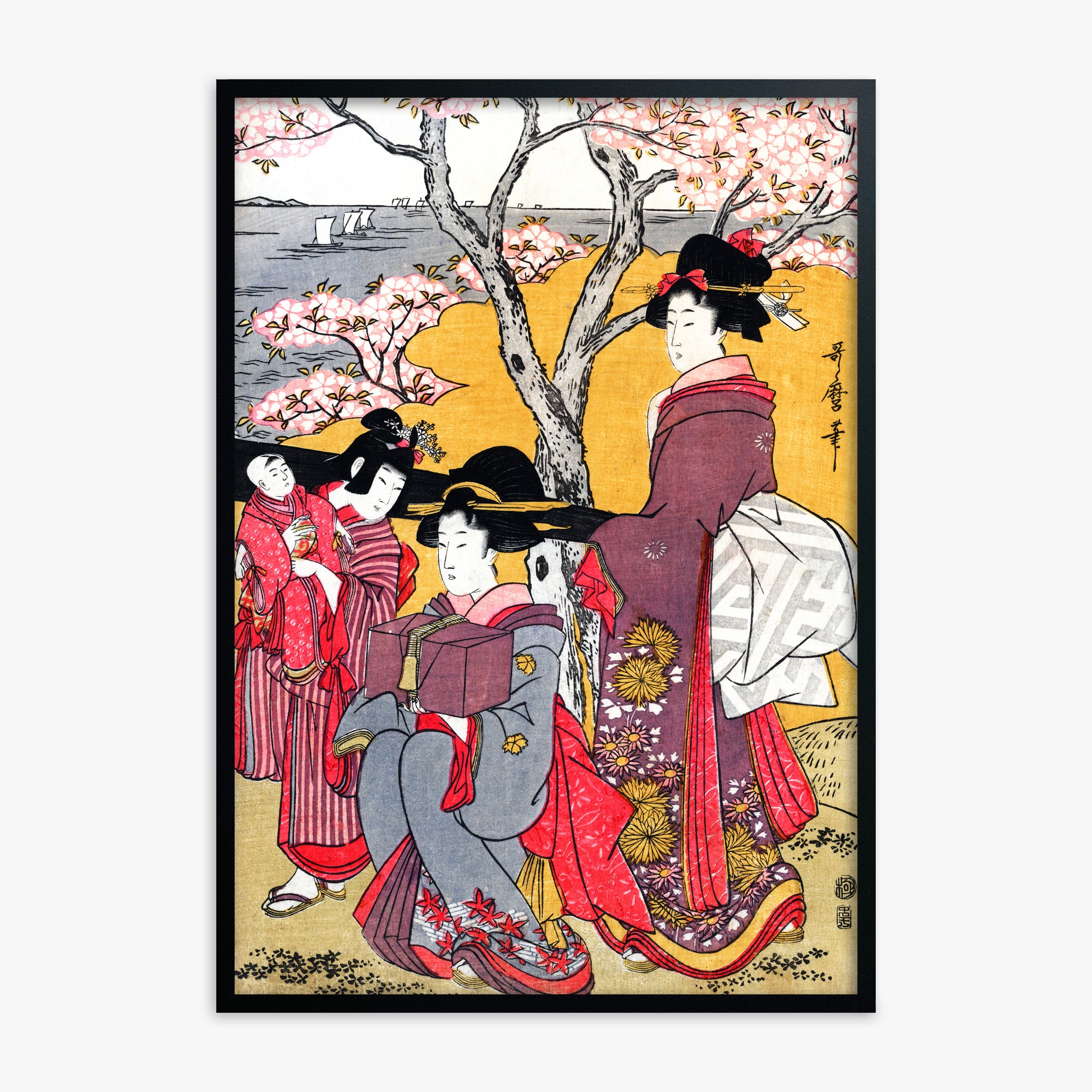 Kitagawa Utamaro: Cherry-viewing at Gotenyama, Black Framed Art Reproduction With Black Frame