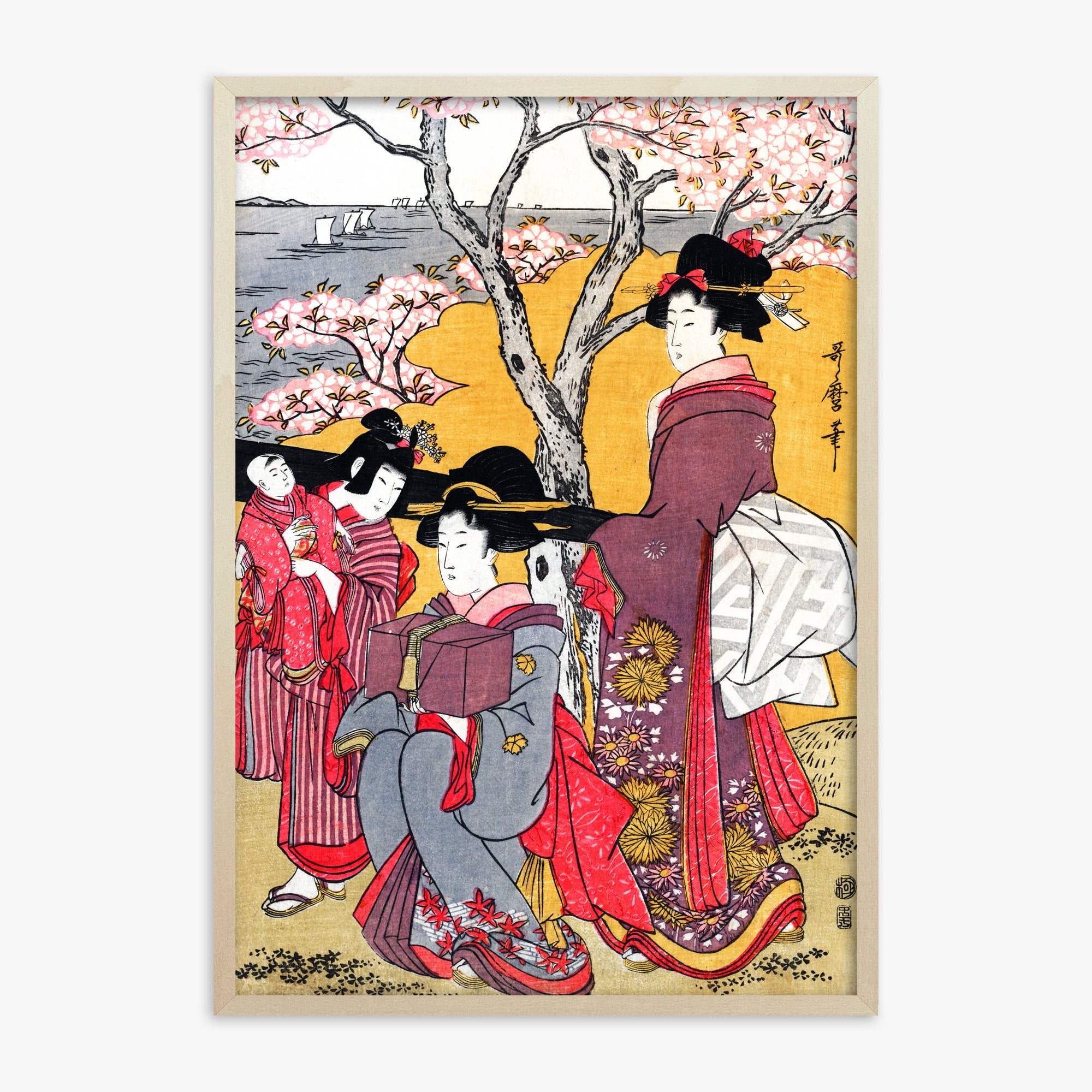 Kitagawa Utamaro: Cherry-viewing at Gotenyama, 70x100cm Framed Art Reproduction With Lime Wood Frame
