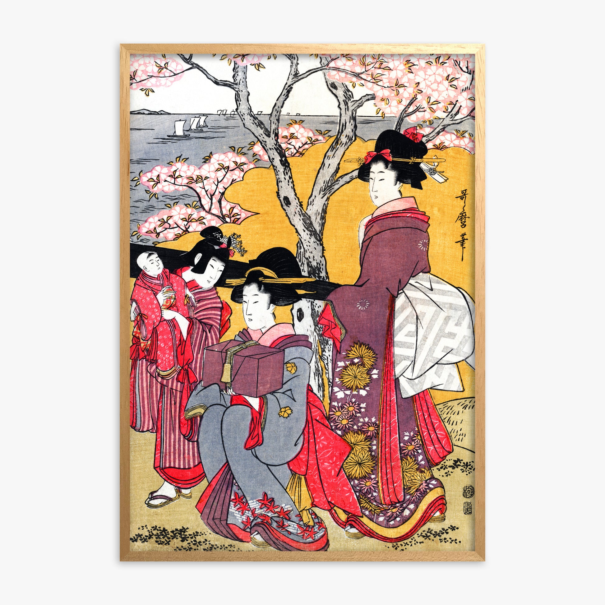 Kitagawa Utamaro: Cherry-viewing at Gotenyama, Oak Framed Art Reproduction With Oak Frame