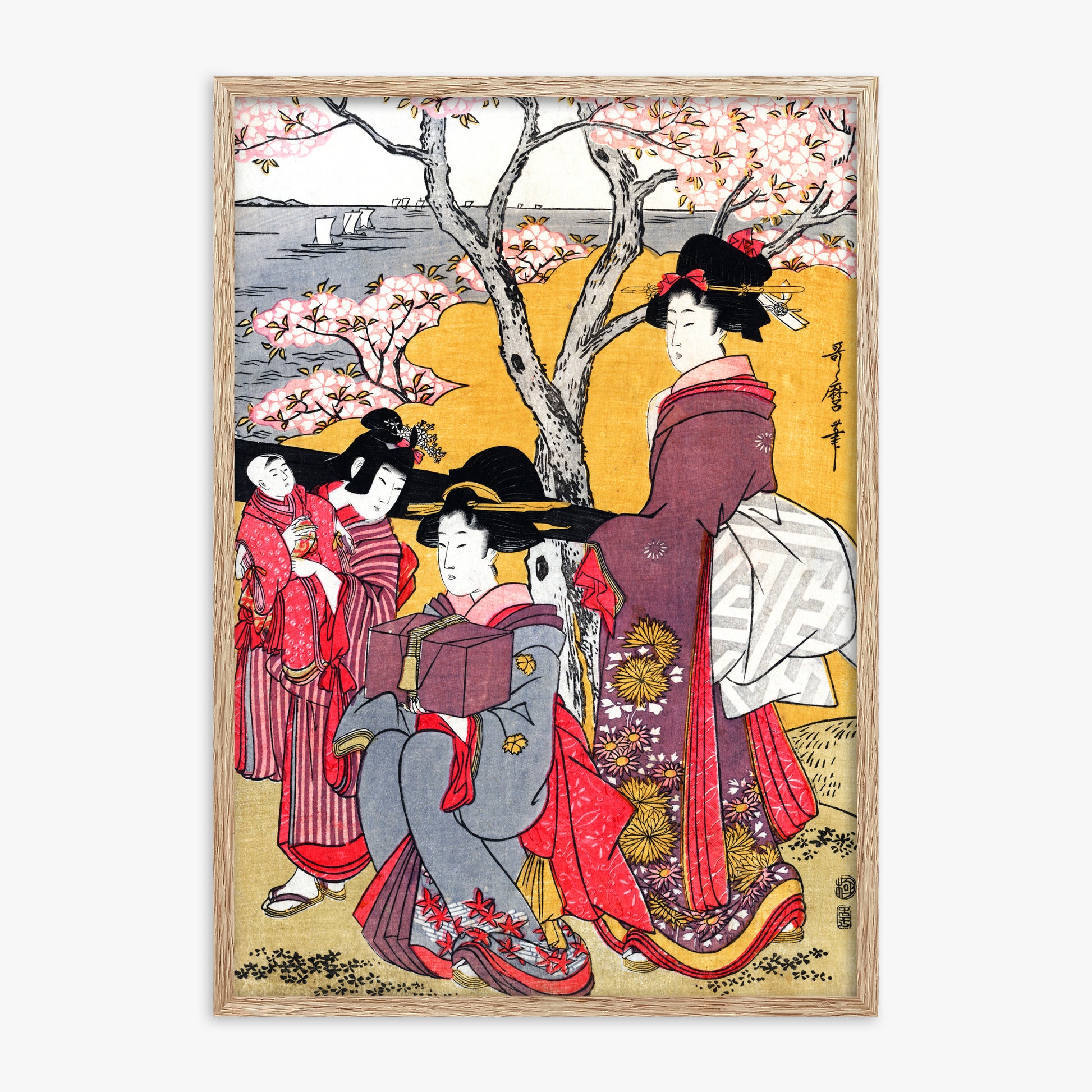 Kitagawa Utamaro: Cherry-viewing at Gotenyama, 70x100cm Framed Art Reproduction With Raw Oak Frame