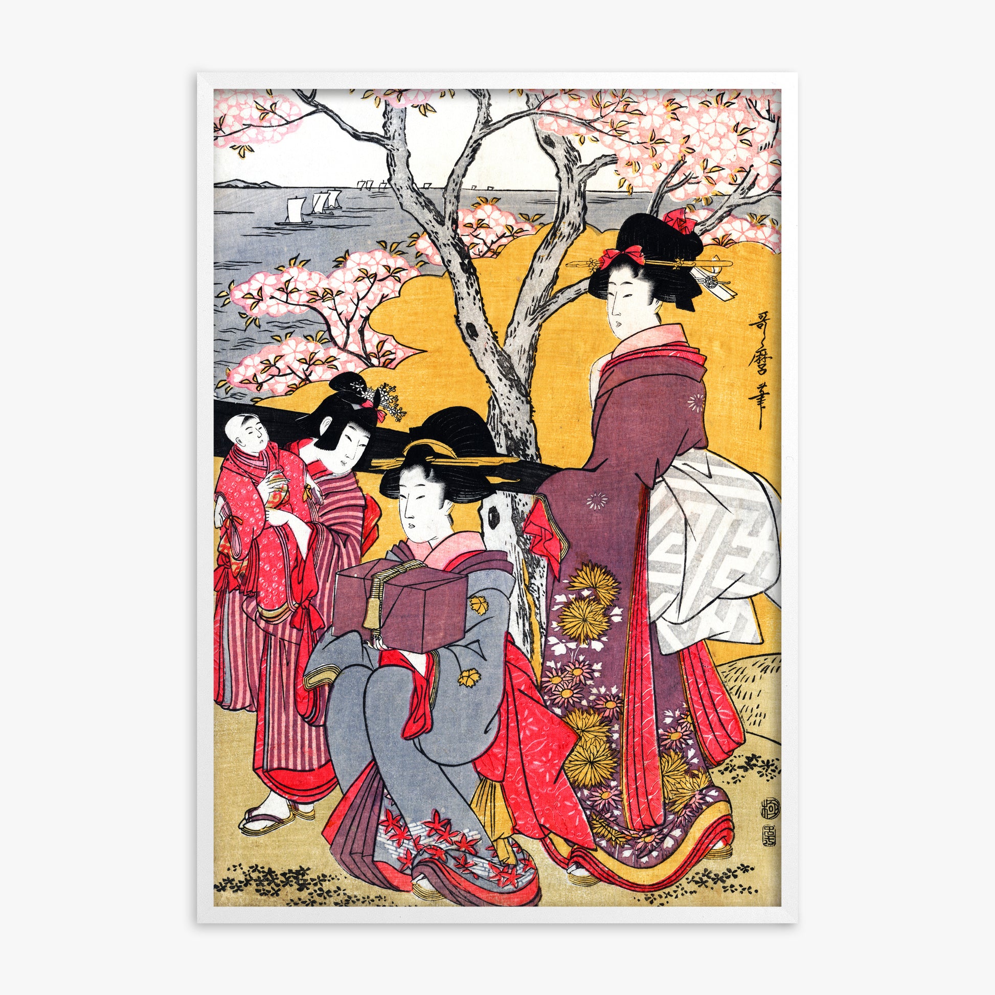 Kitagawa Utamaro: Cherry-viewing at Gotenyama, White Framed Art Reproduction With White Frame