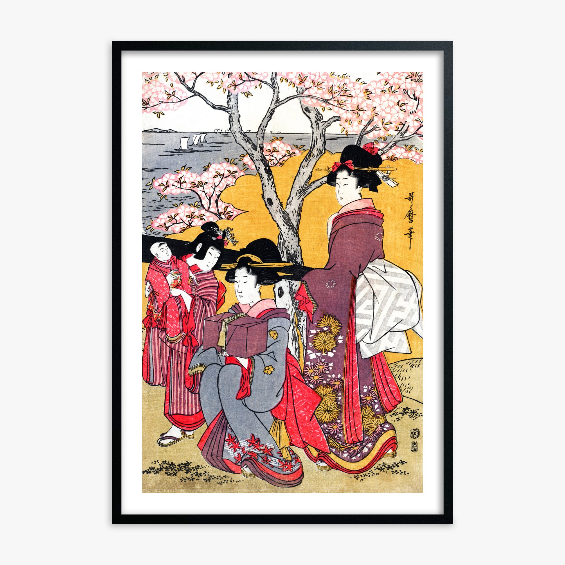 Kitagawa Utamaro: Cherry-viewing at Gotenyama, 70x100cm Black Framed Art Reproduction