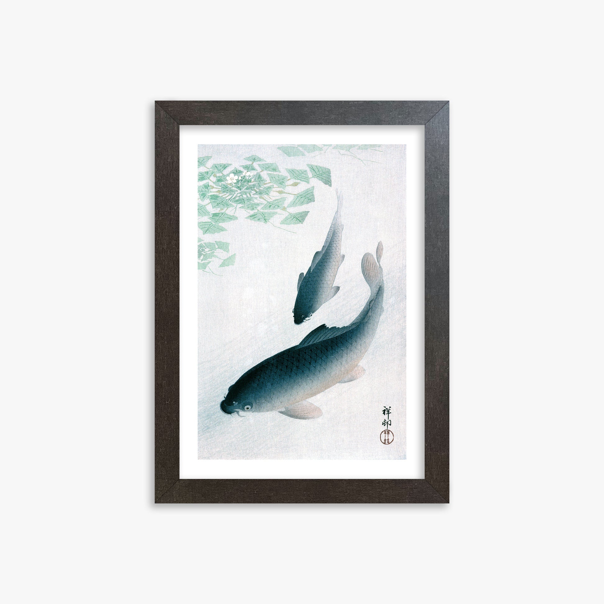 Ohara Koson: Carp or Koi, 21x30cm Framed Art Reproduction With Espresso Frame