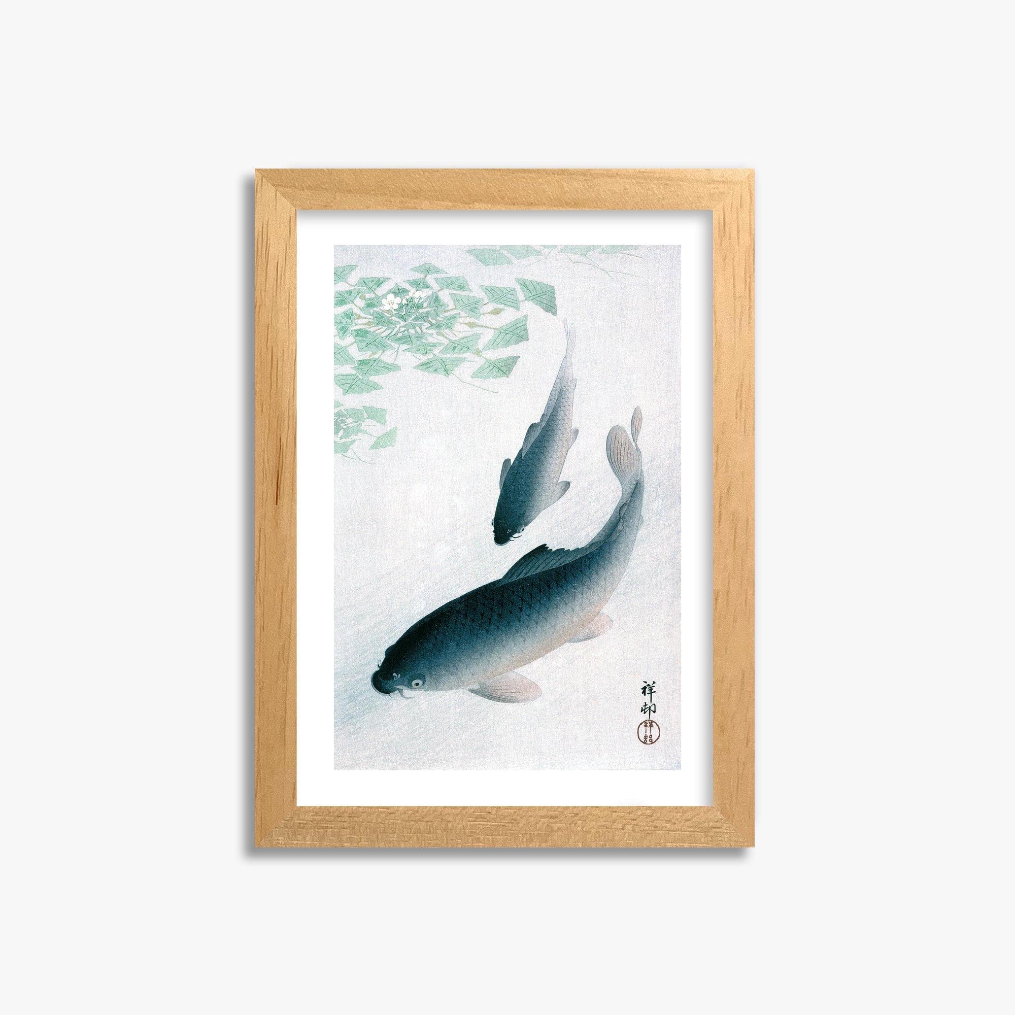 Ohara Koson: Carp or Koi, 21x30cm Framed Art Reproduction With Oak Frame