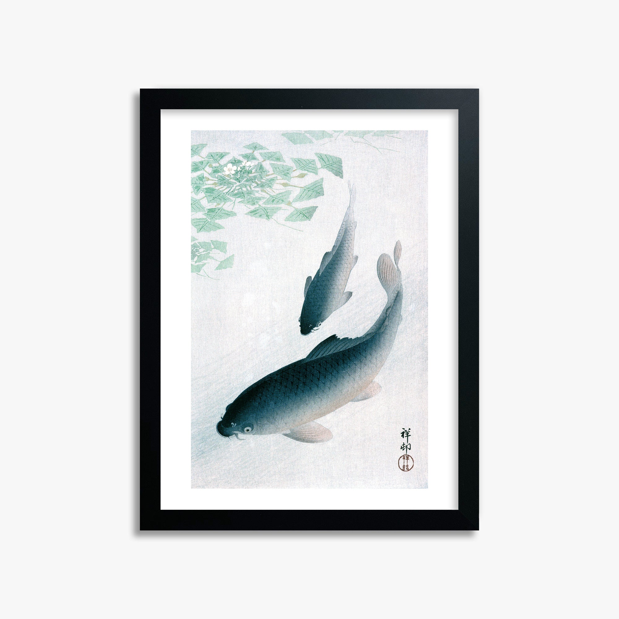 Ohara Koson: Carp or Koi, 30x40cm Framed Art Reproduction With Black Frame