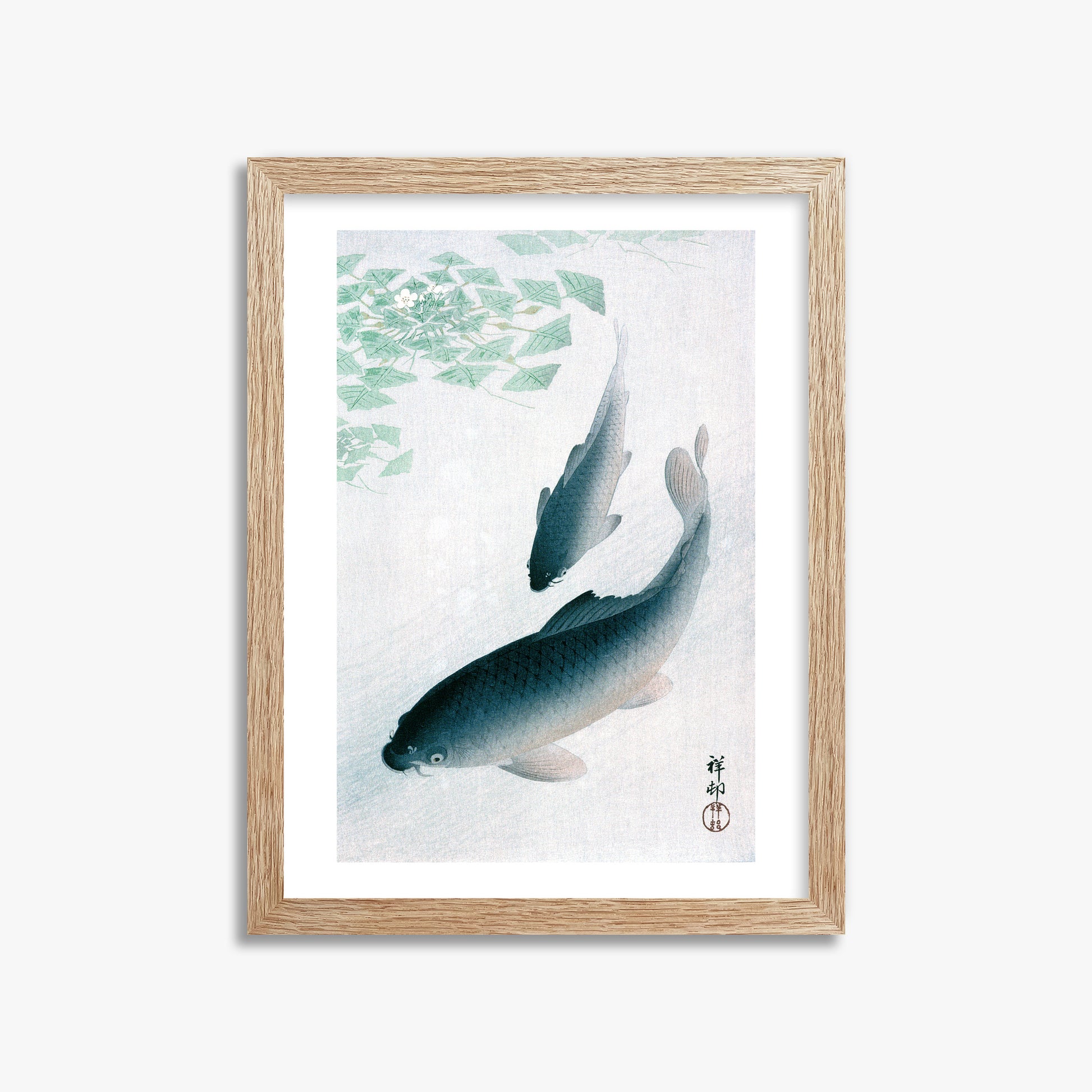 Ohara Koson: Carp or Koi, 30x40cm Framed Art Reproduction With Raw Oak Frame