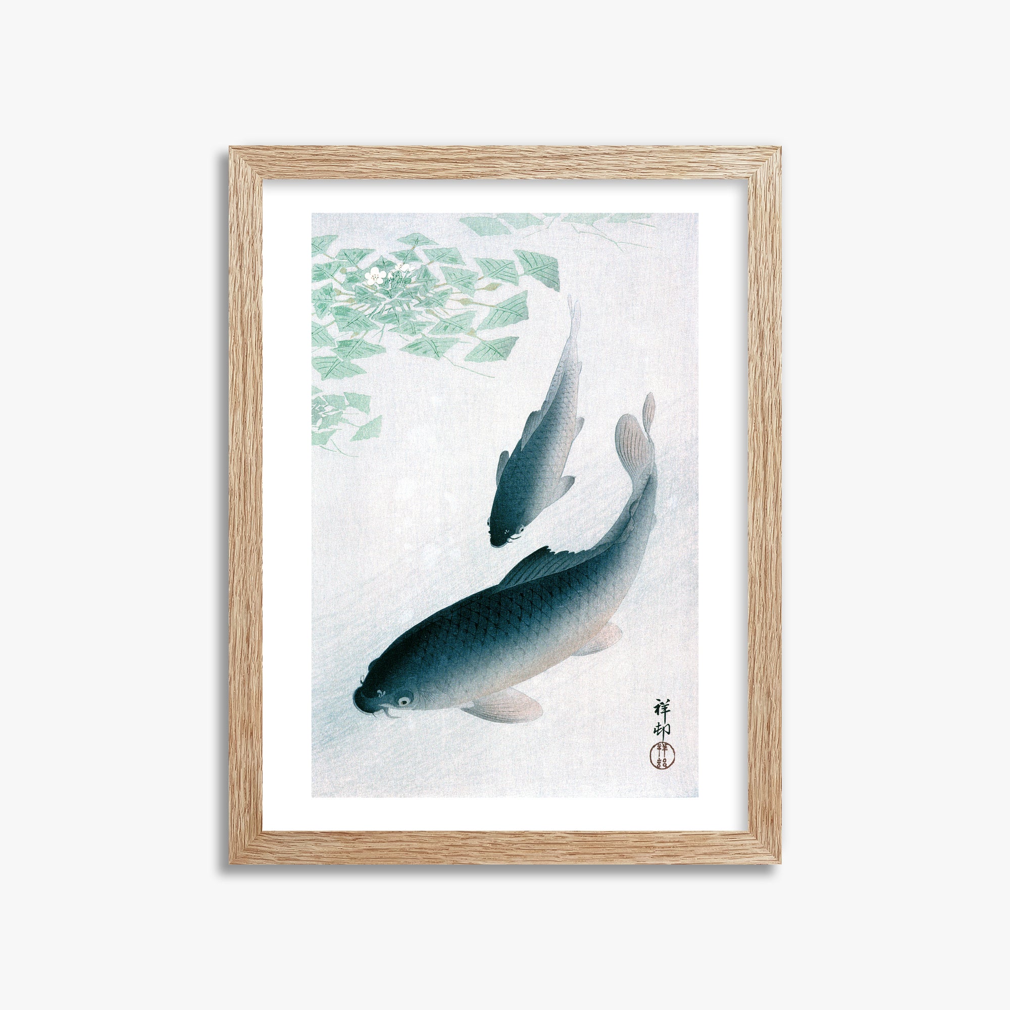 Ohara Koson: Carp or Koi, 30x40cm Framed Art Reproduction With Raw Oak Frame