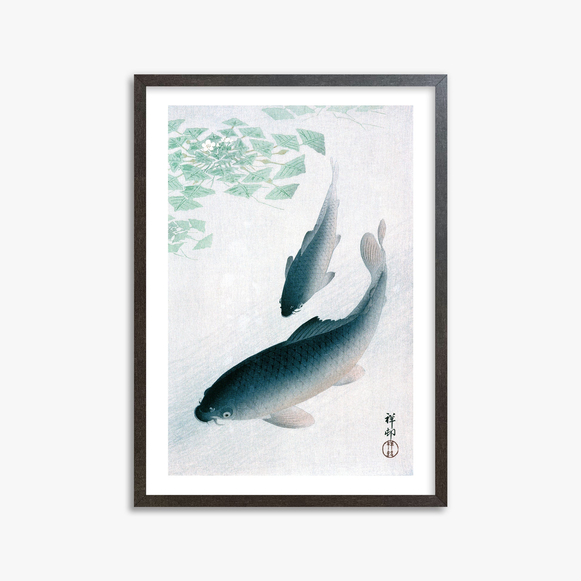 Ohara Koson: Carp or Koi, 50x70cm Framed Art Reproduction With Espresso Frame