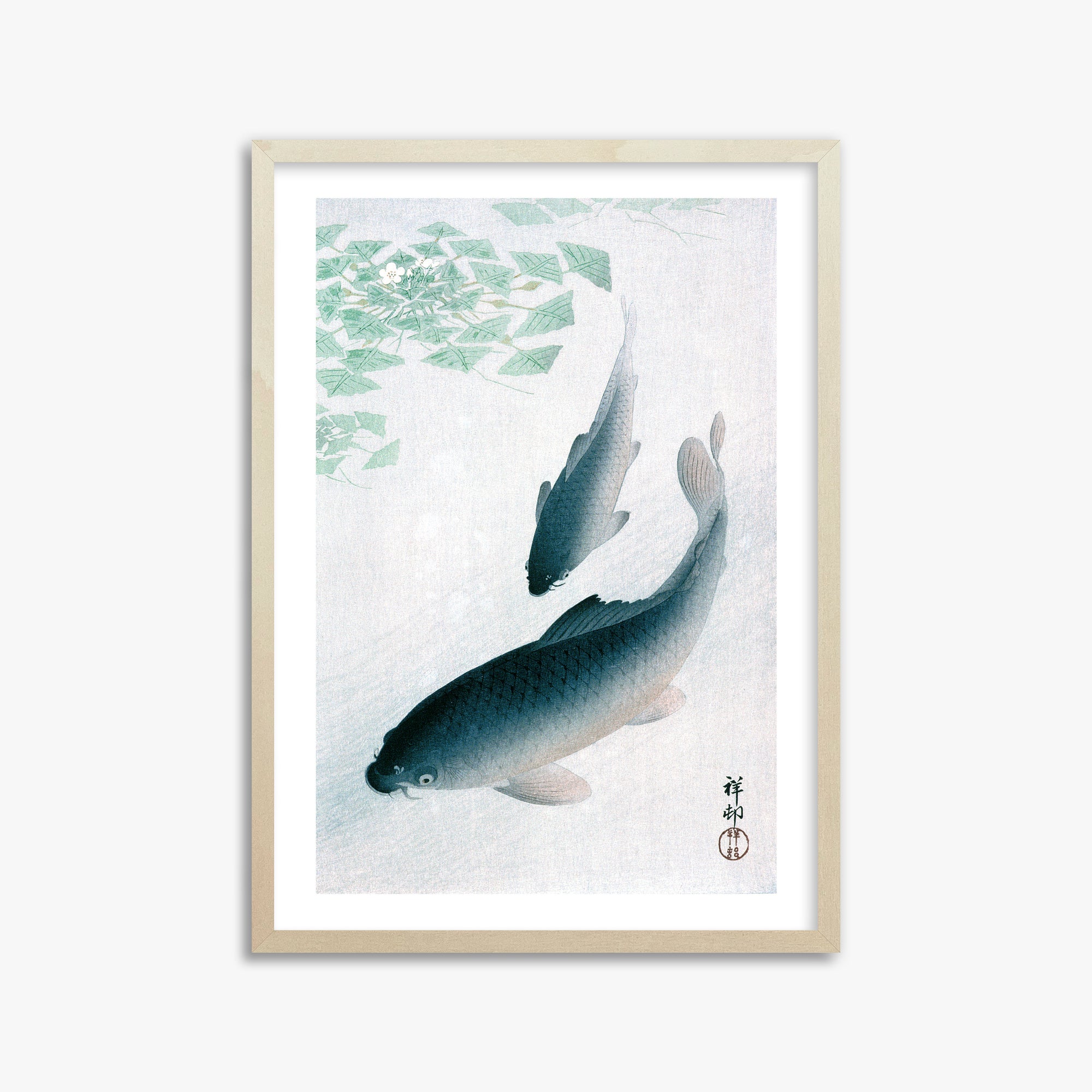 Ohara Koson: Carp or Koi, 50x70cm Framed Art Reproduction With Lime Wood Frame