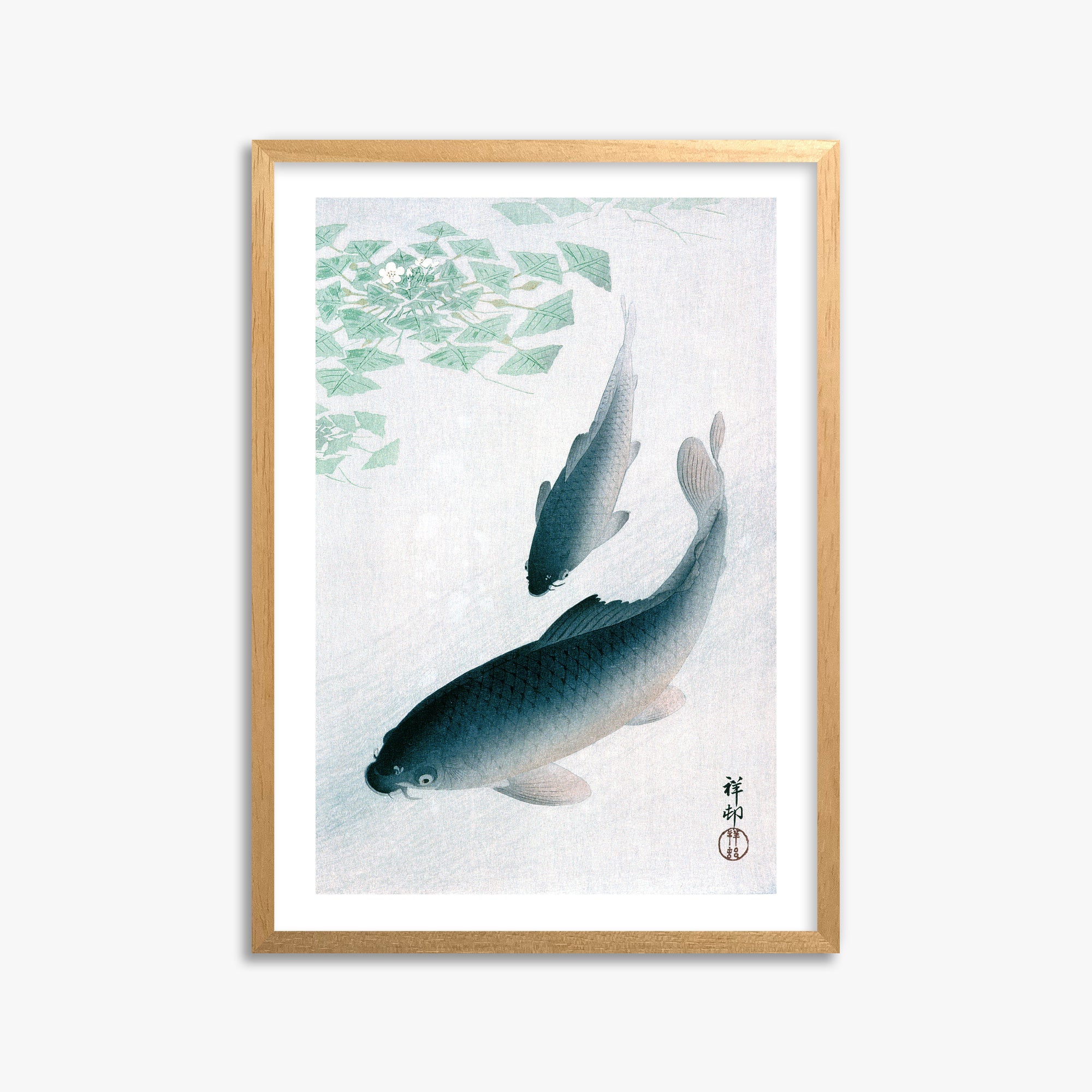 Ohara Koson: Carp or Koi, 50x70cm Framed Art Reproduction With Oak Frame
