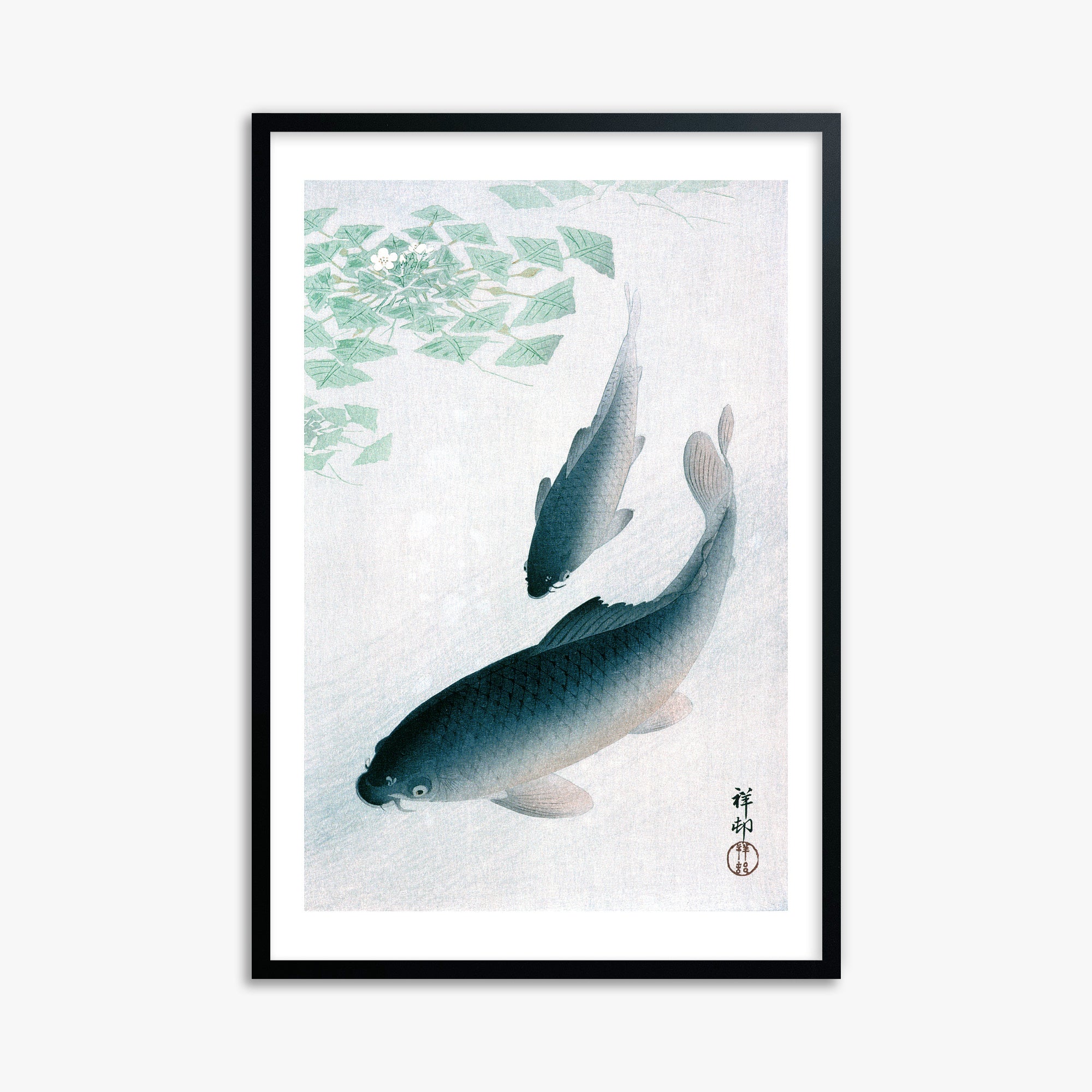Ohara Koson: Carp or Koi, 61x91cm Framed Art Reproduction With Black Frame