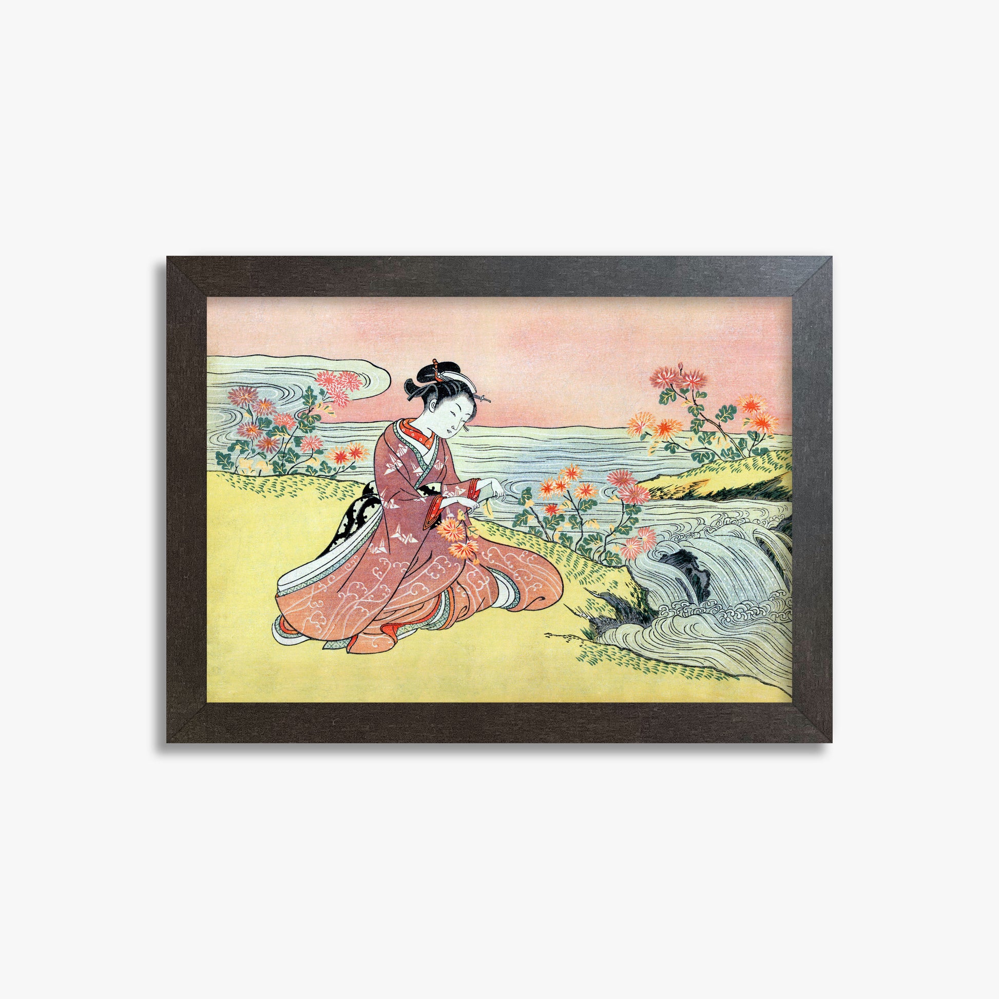 Suzuki Harunobu: Woman Picking Chrysanthemum, 21x30cm Framed Art Reproduction With Espresso Frame