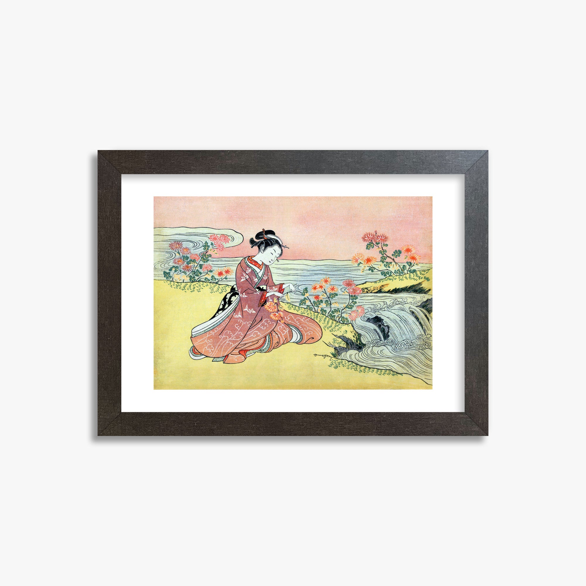 Suzuki Harunobu: Woman Picking Chrysanthemum, 21x30cm Framed Art Reproduction With Espresso Frame