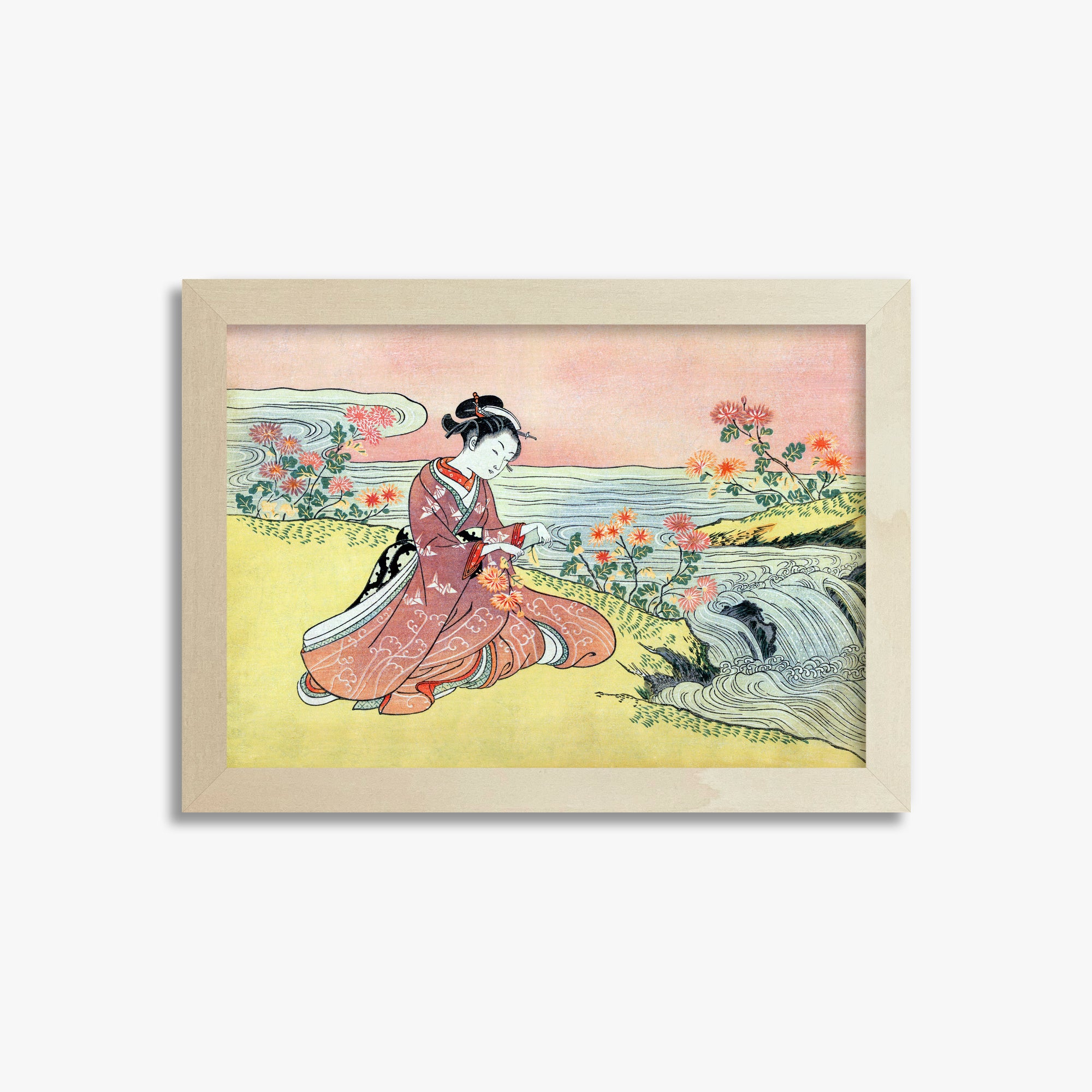 Suzuki Harunobu: Woman Picking Chrysanthemum, 21x30cm Framed Art Reproduction With Lime Wood Frame