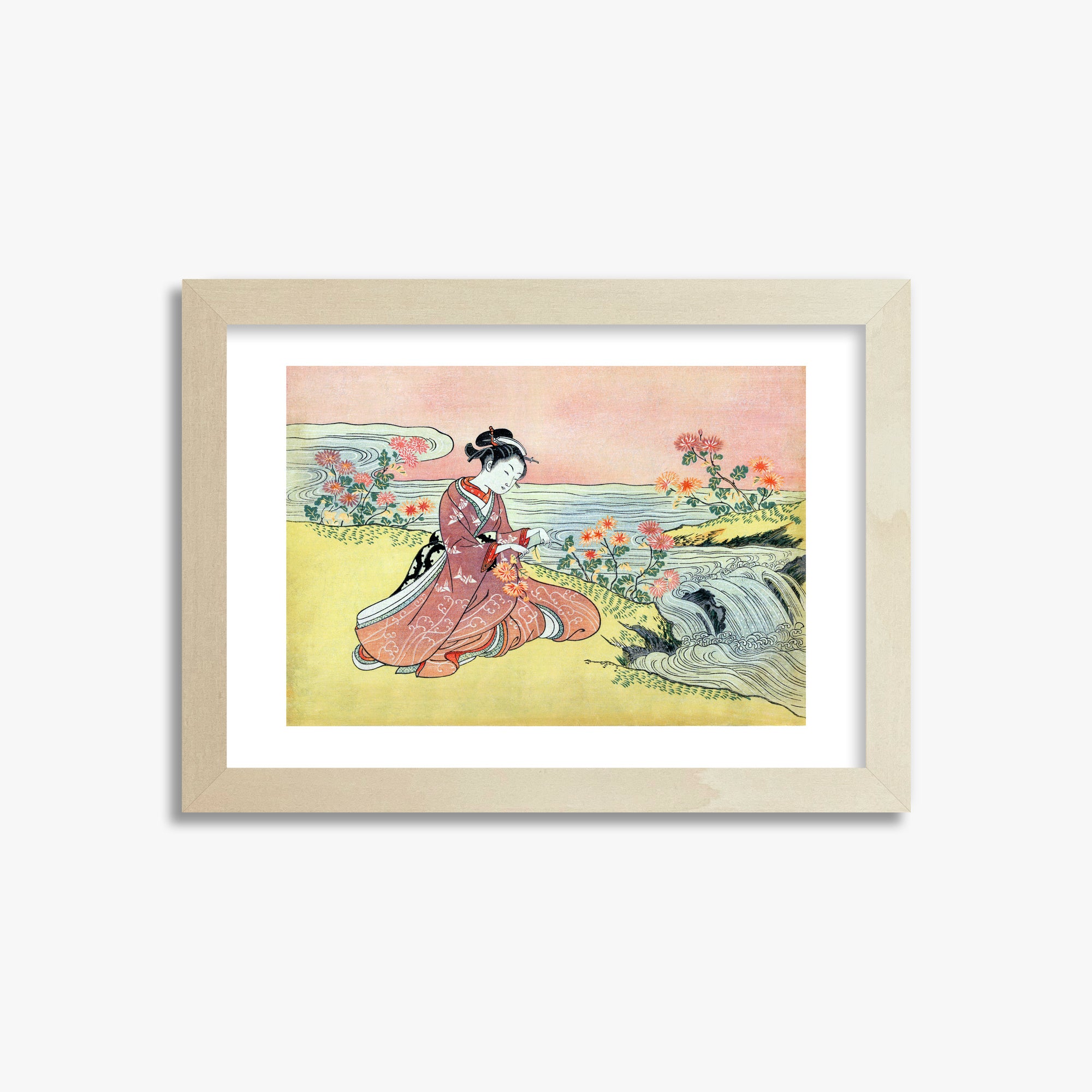 Suzuki Harunobu: Woman Picking Chrysanthemum, 21x30cm Framed Art Reproduction With Lime Wood Frame