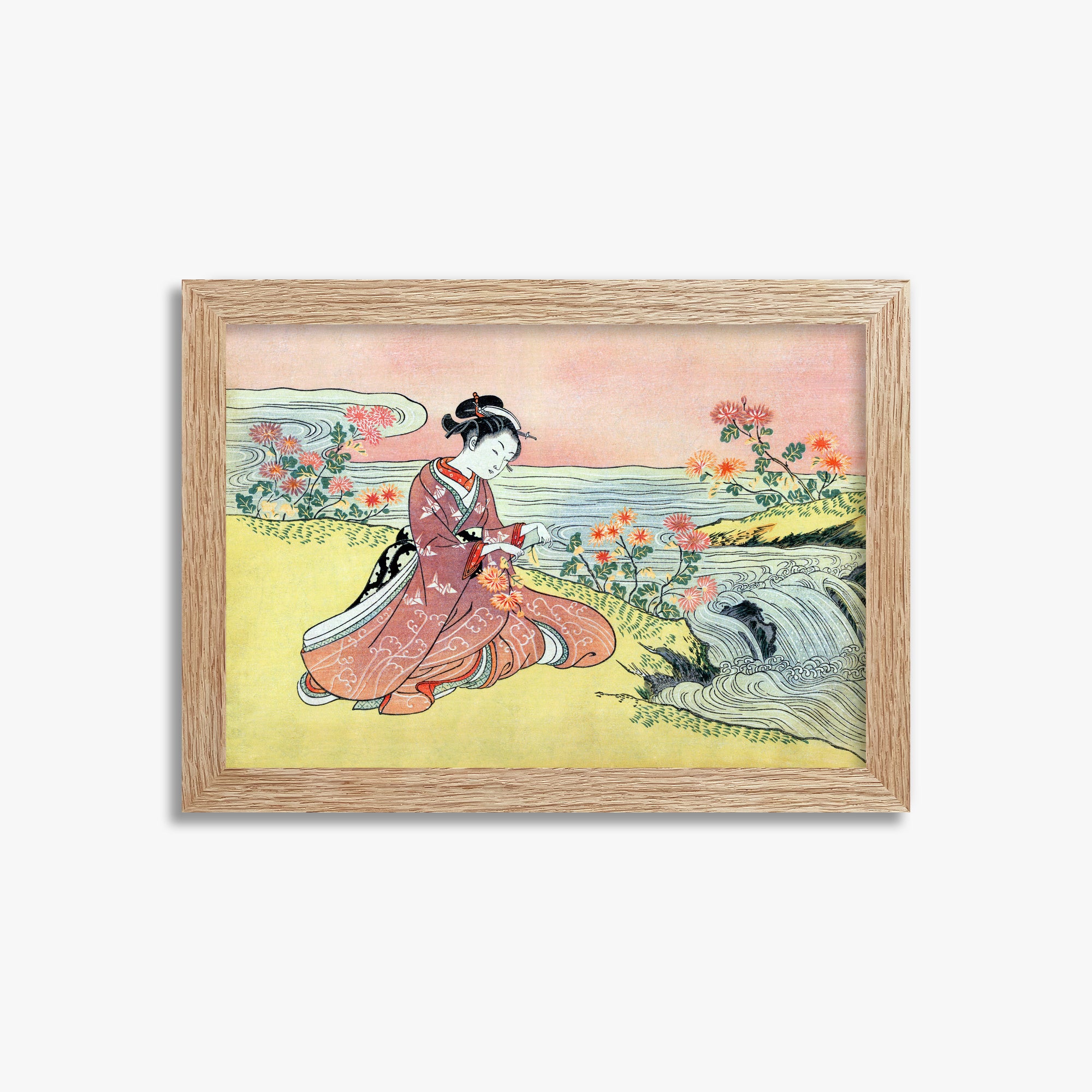 Suzuki Harunobu: Woman Picking Chrysanthemum, 21x30cm Framed Art Reproduction With Raw Oak Frame