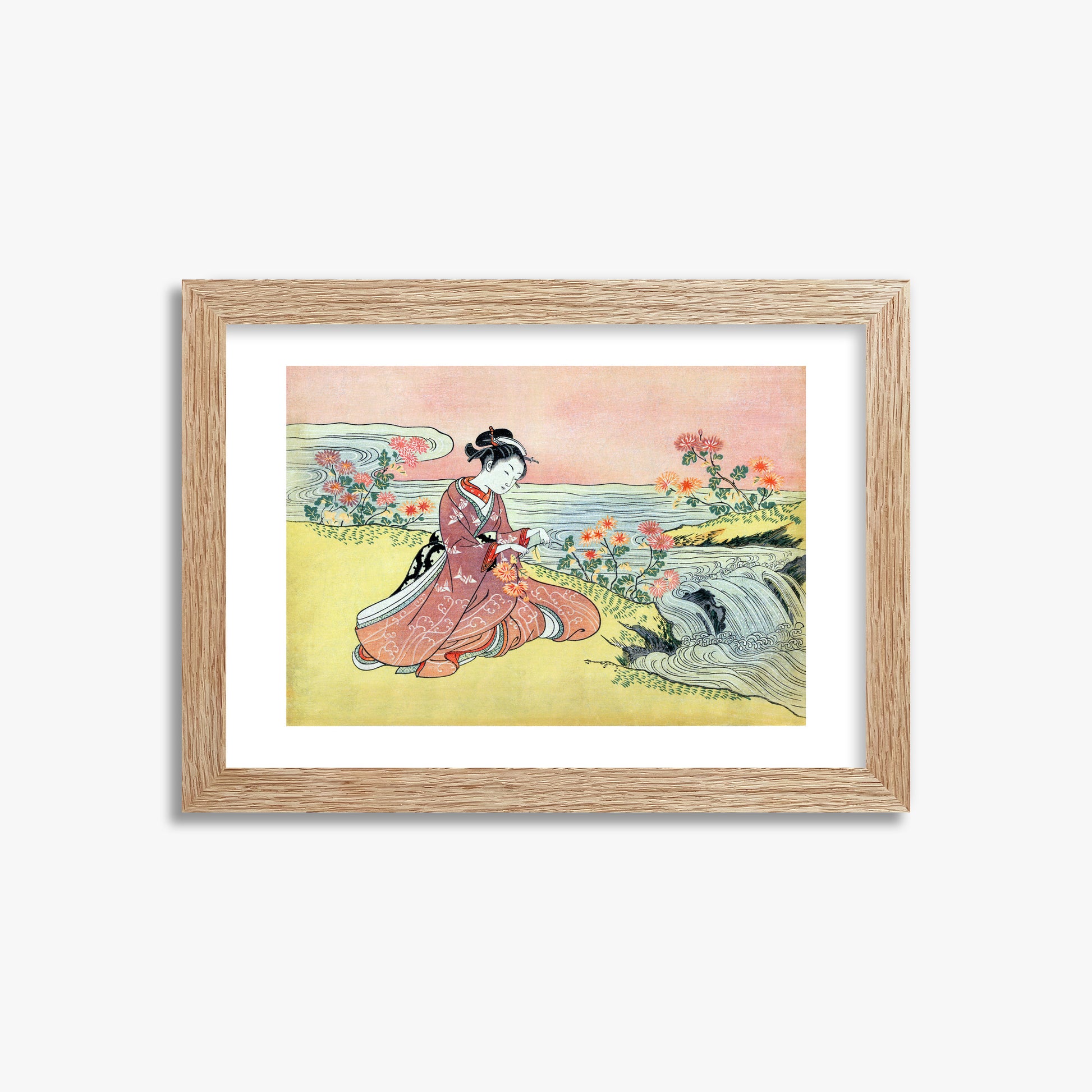 Suzuki Harunobu: Woman Picking Chrysanthemum, 21x30cm Framed Art Reproduction With Raw Oak Frame