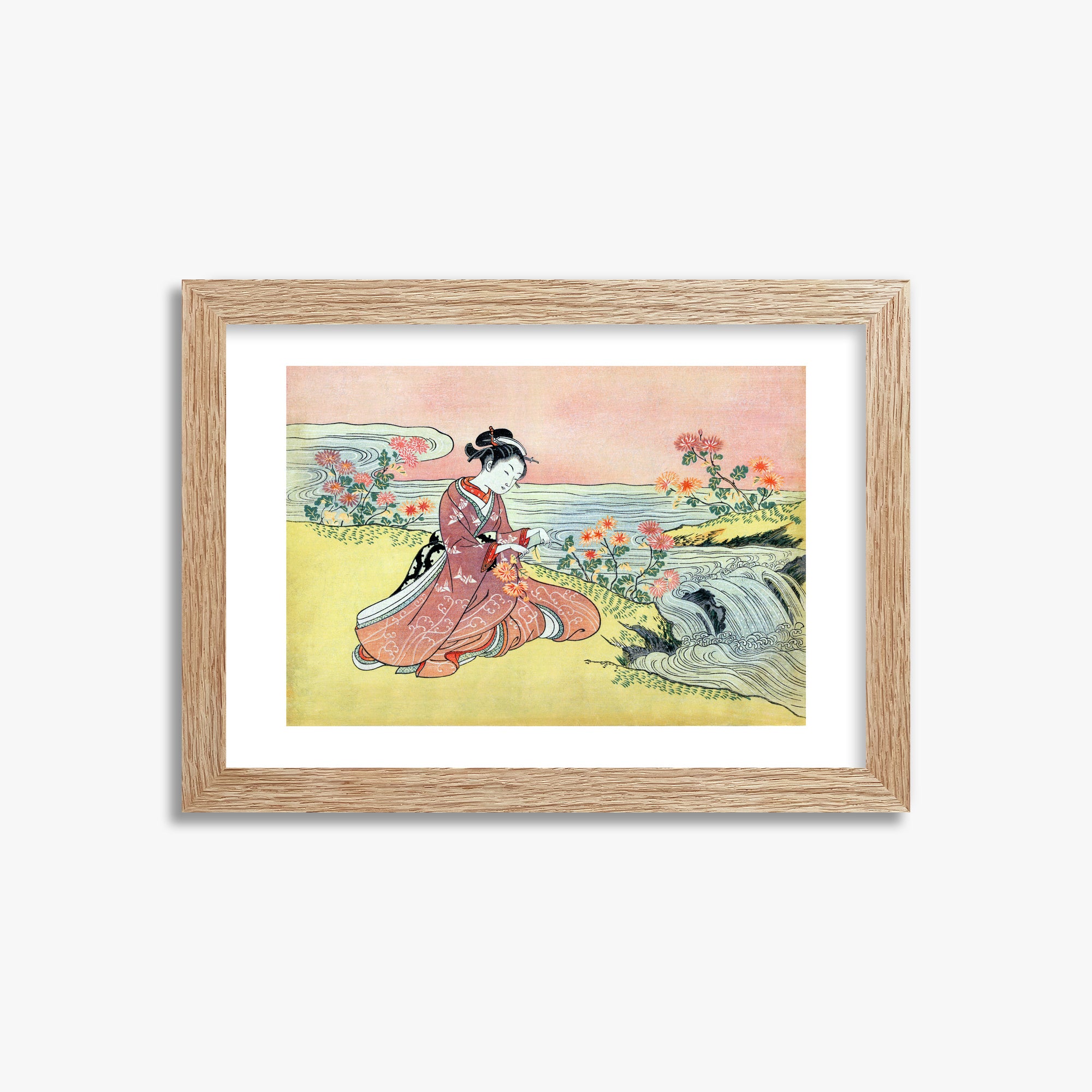 Suzuki Harunobu: Woman Picking Chrysanthemum, 21x30cm Framed Art Reproduction With Raw Oak Frame