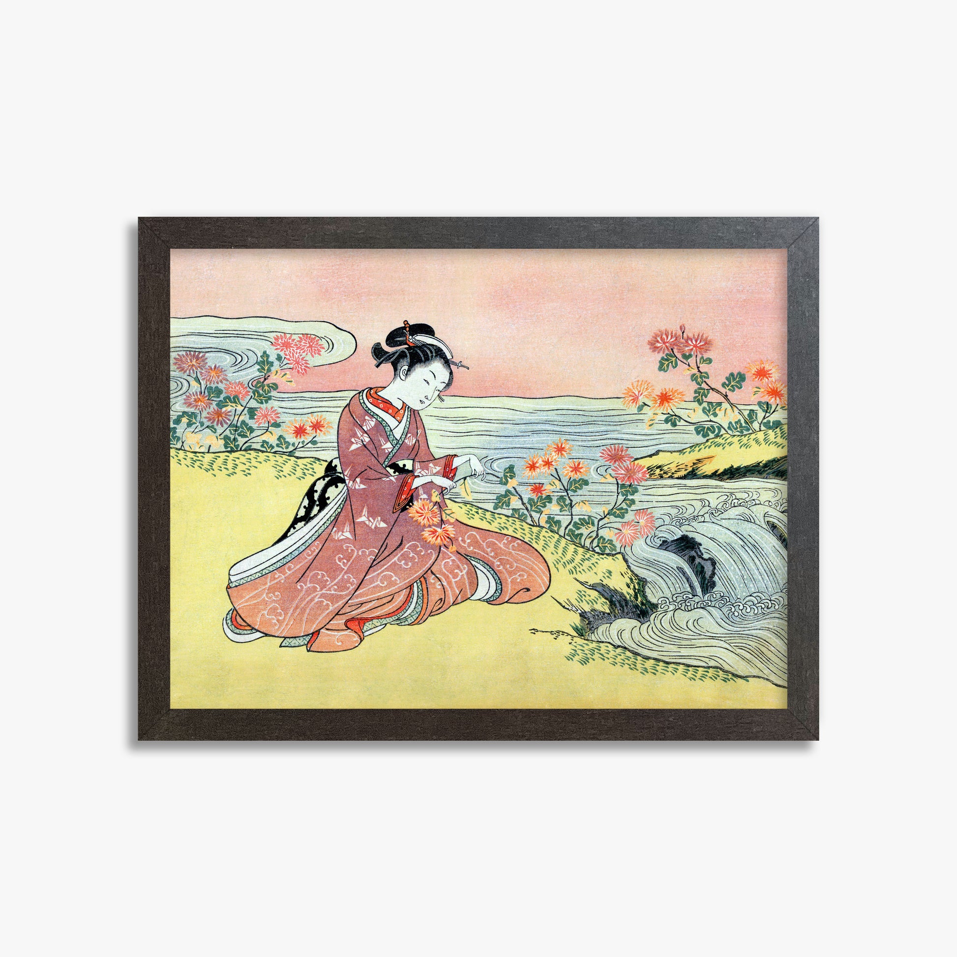 Suzuki Harunobu: Woman Picking Chrysanthemum, 30x40cm Framed Art Reproduction With Espresso Frame