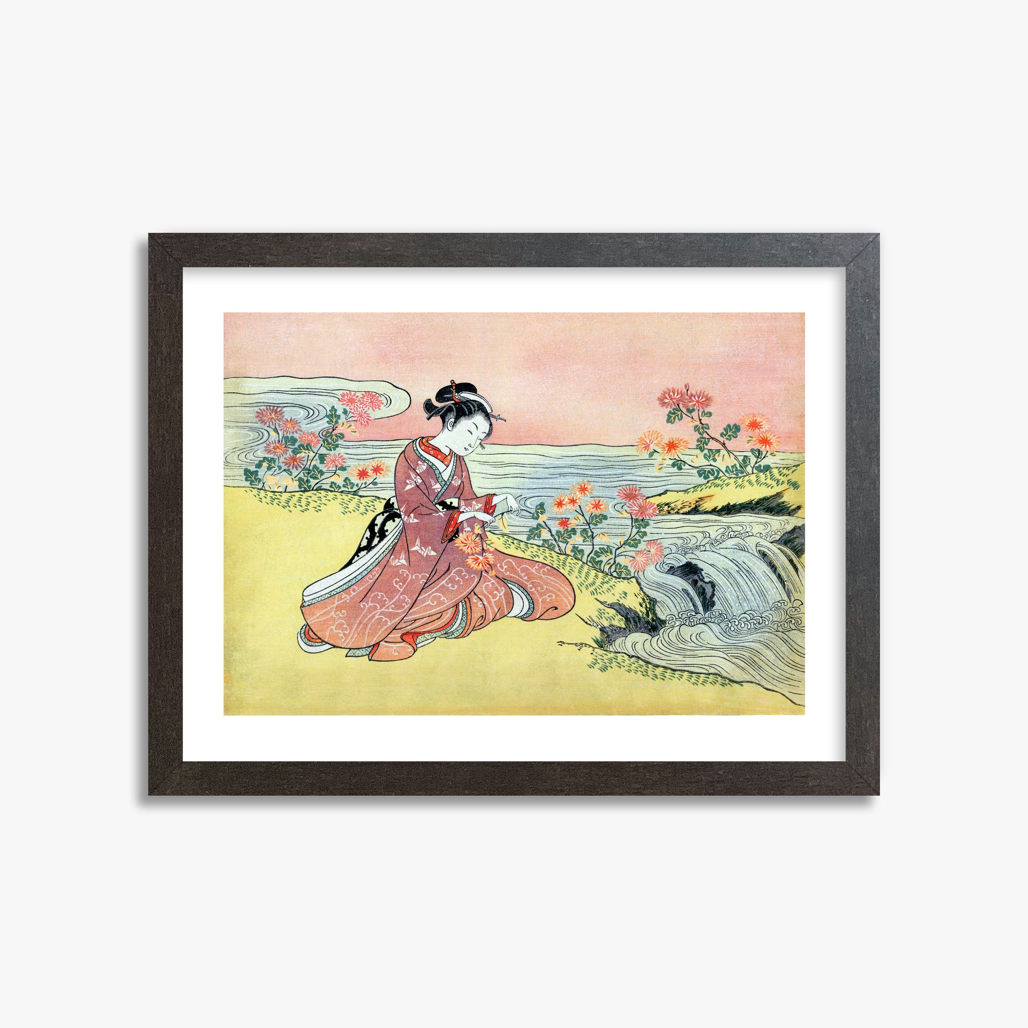 Suzuki Harunobu: Woman Picking Chrysanthemum, 30x40cm Framed Art Reproduction With Espresso Frame