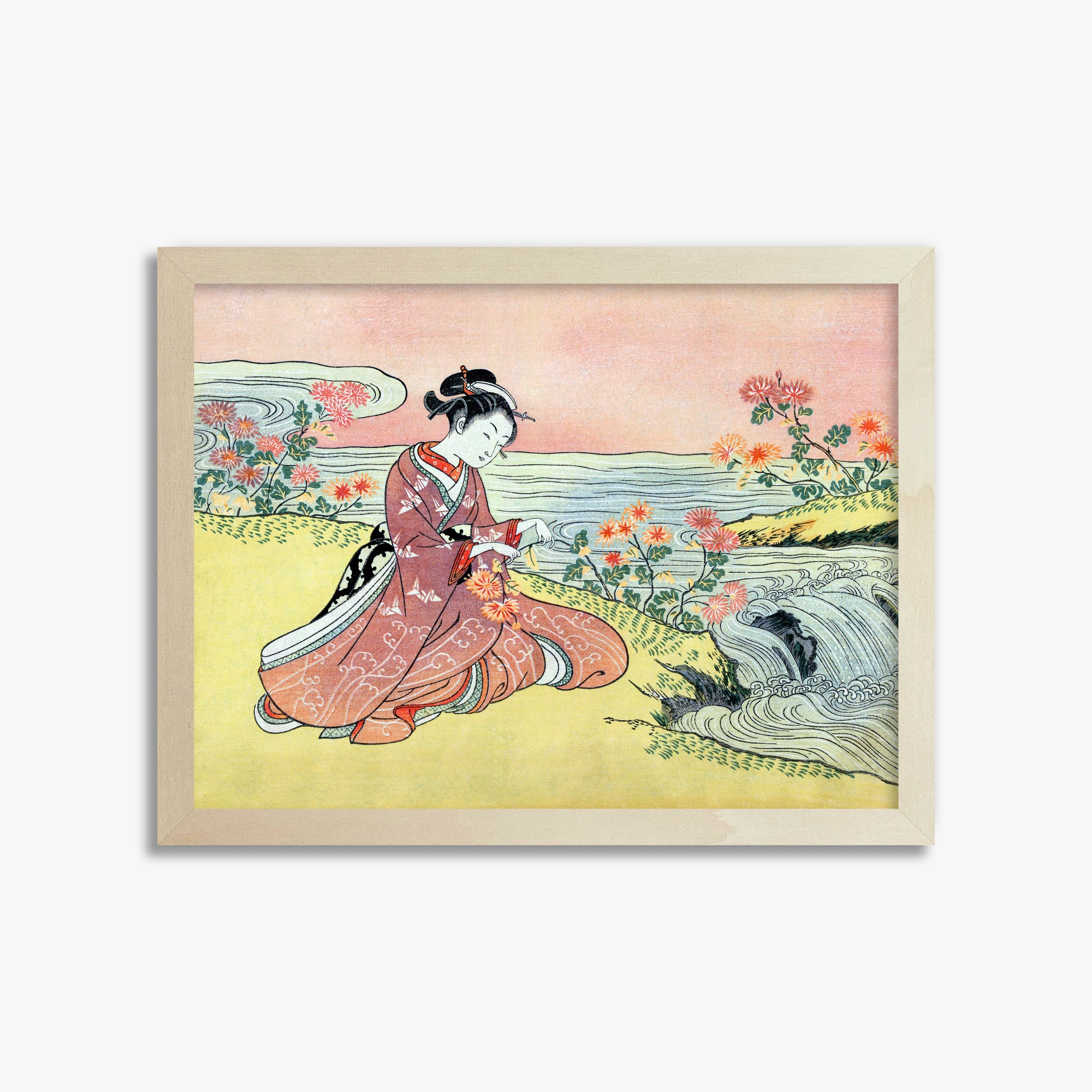 Suzuki Harunobu: Woman Picking Chrysanthemum, 30x40cm Framed Art Reproduction With Lime Wood Frame