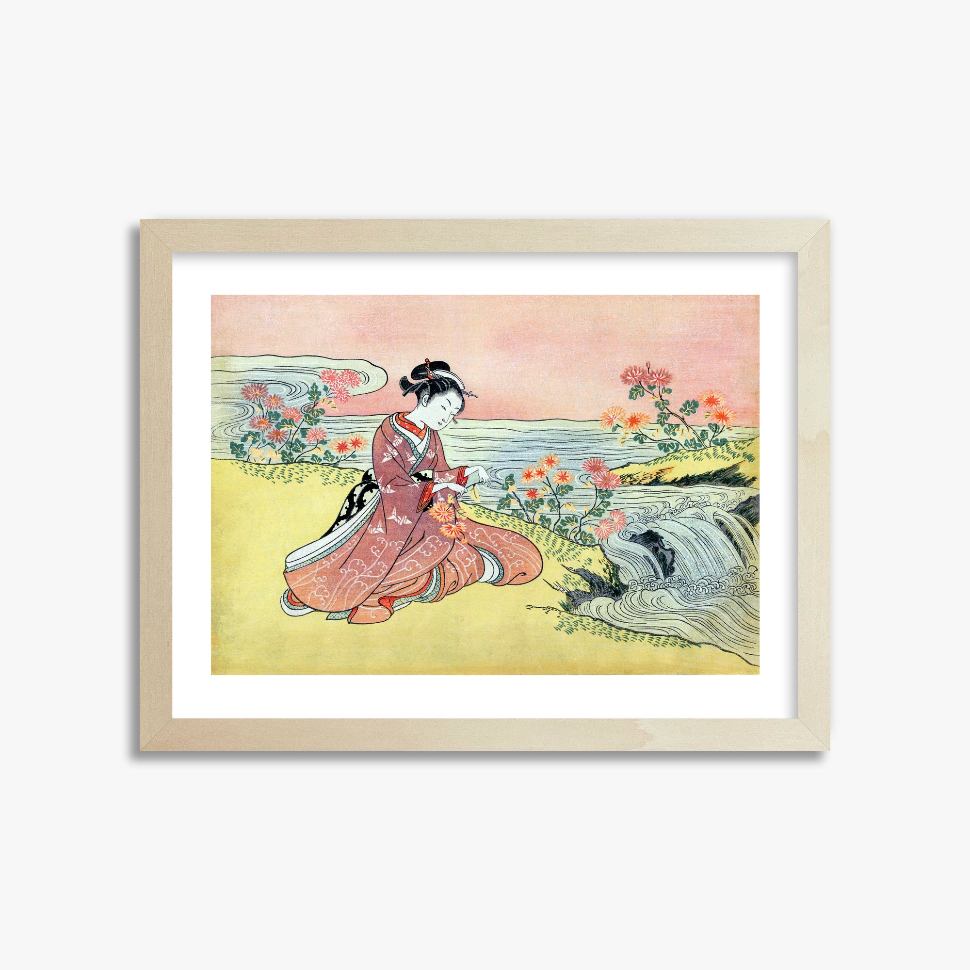 Suzuki Harunobu: Woman Picking Chrysanthemum, 30x40cm Framed Art Reproduction With Lime Wood Frame