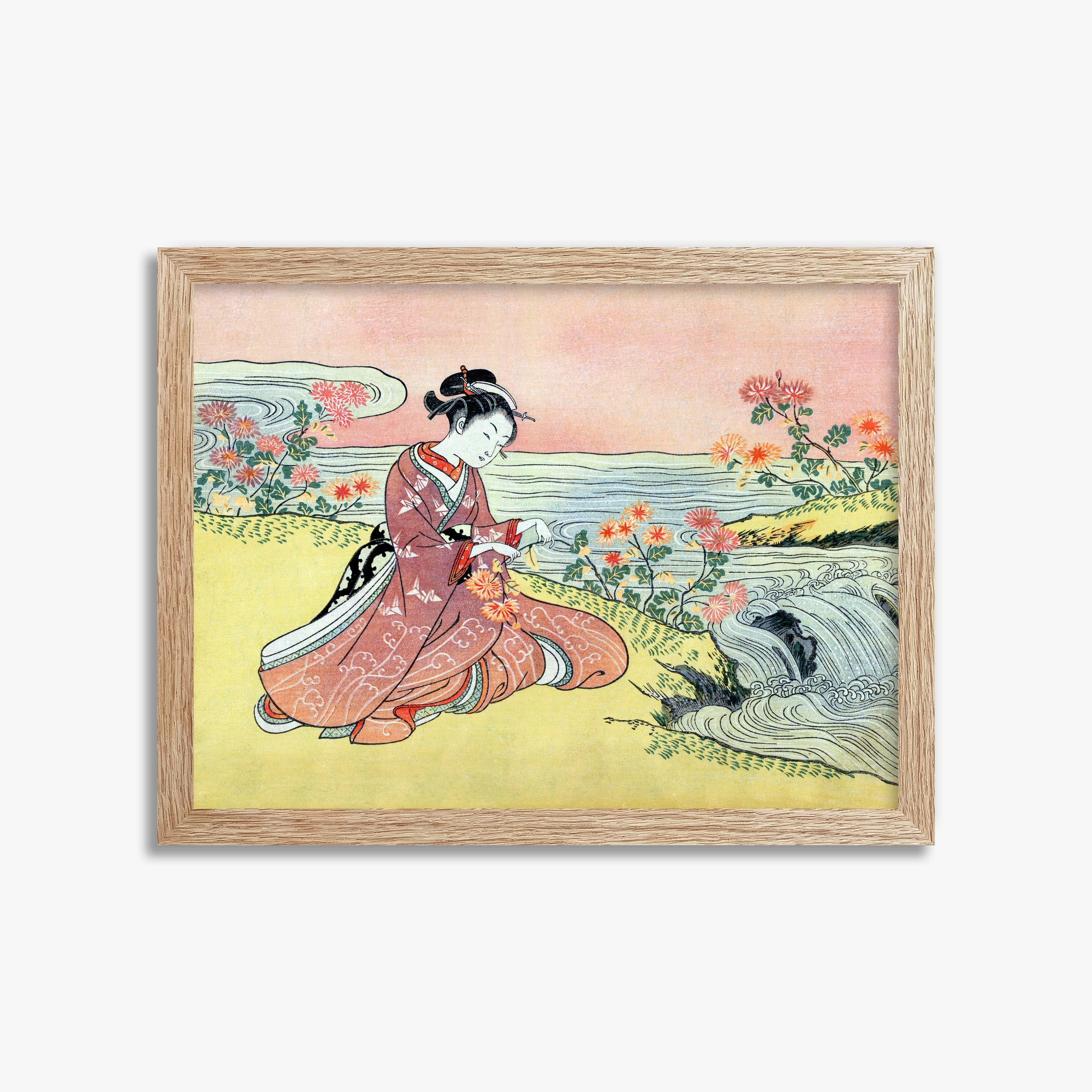 Suzuki Harunobu: Woman Picking Chrysanthemum, 30x40cm Framed Art Reproduction With Raw Oak Frame