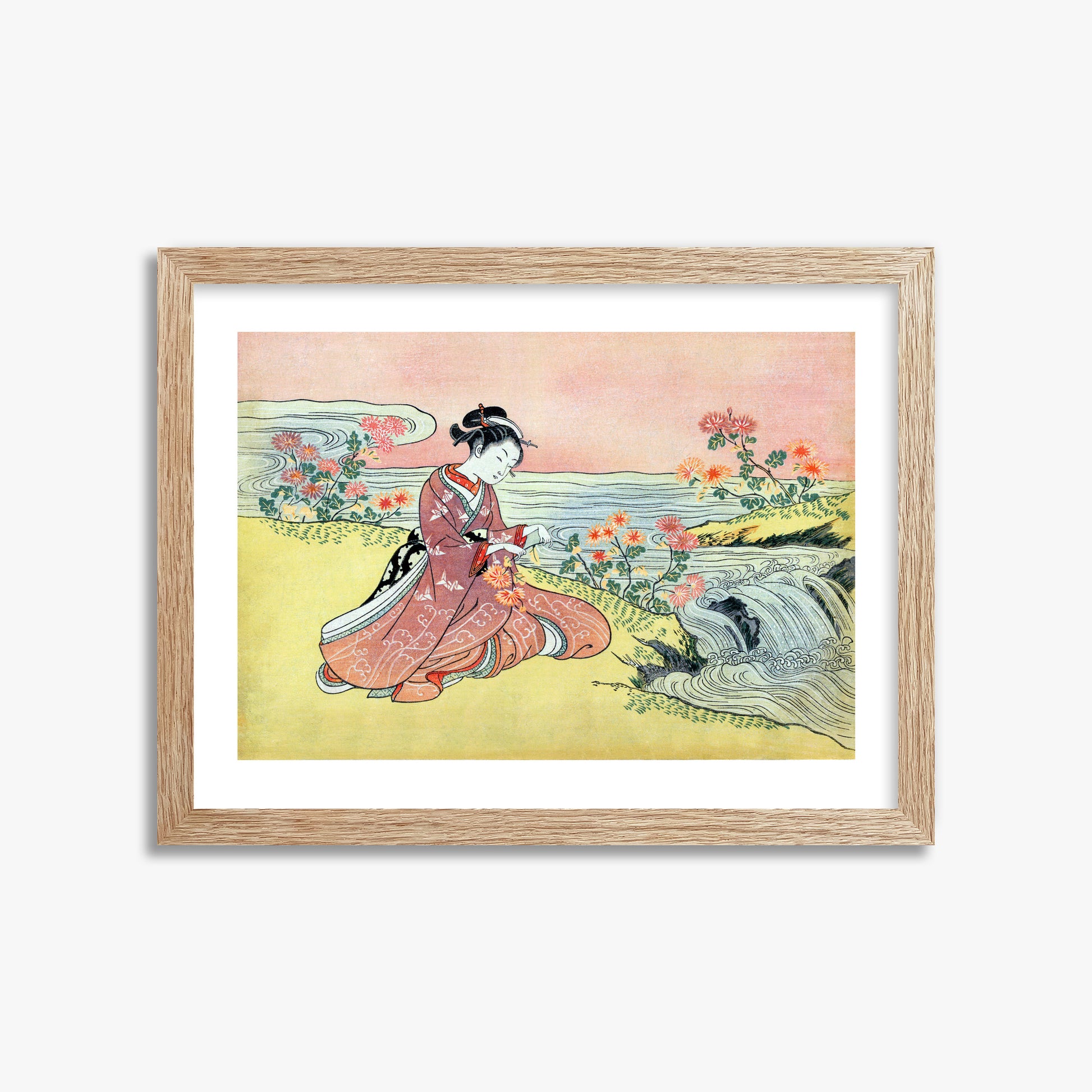 Suzuki Harunobu: Woman Picking Chrysanthemum, 30x40cm Framed Art Reproduction With Raw Oak Frame