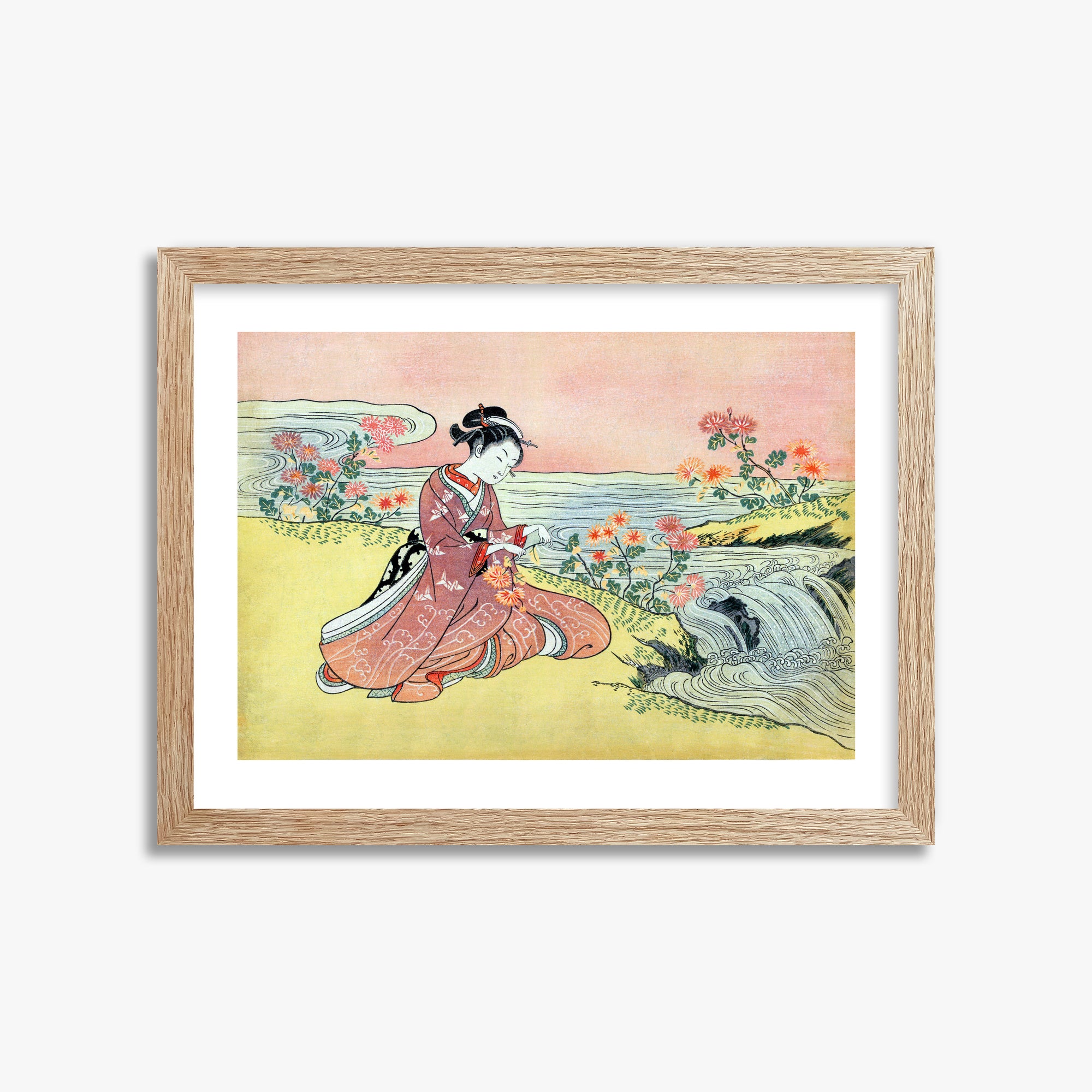 Suzuki Harunobu: Woman Picking Chrysanthemum, 30x40cm Framed Art Reproduction With Raw Oak Frame