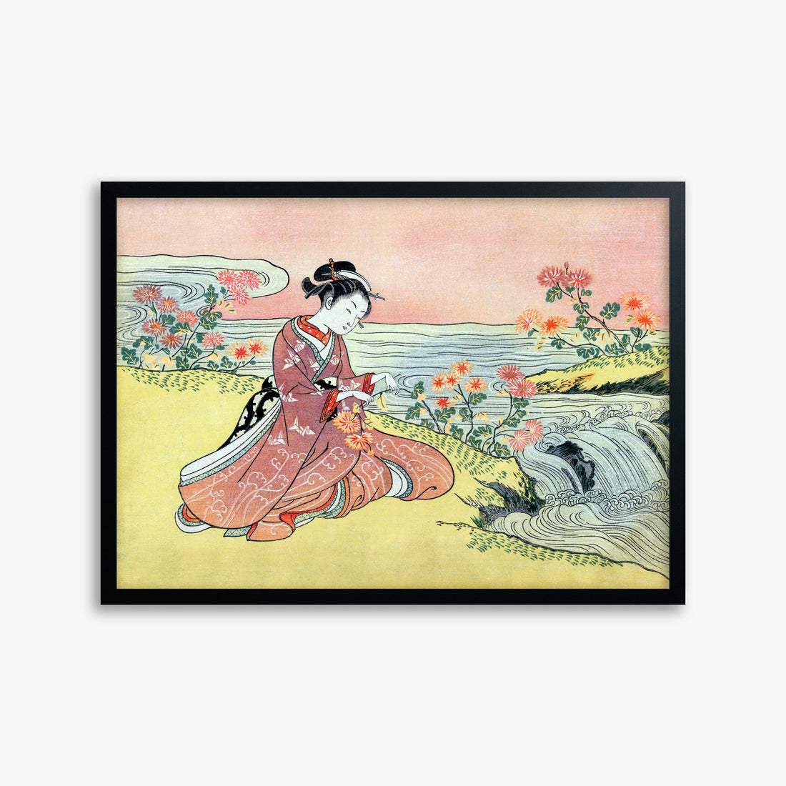 Suzuki Harunobu: Woman Picking Chrysanthemum, 50x70cm Framed Art Reproduction With Black Frame