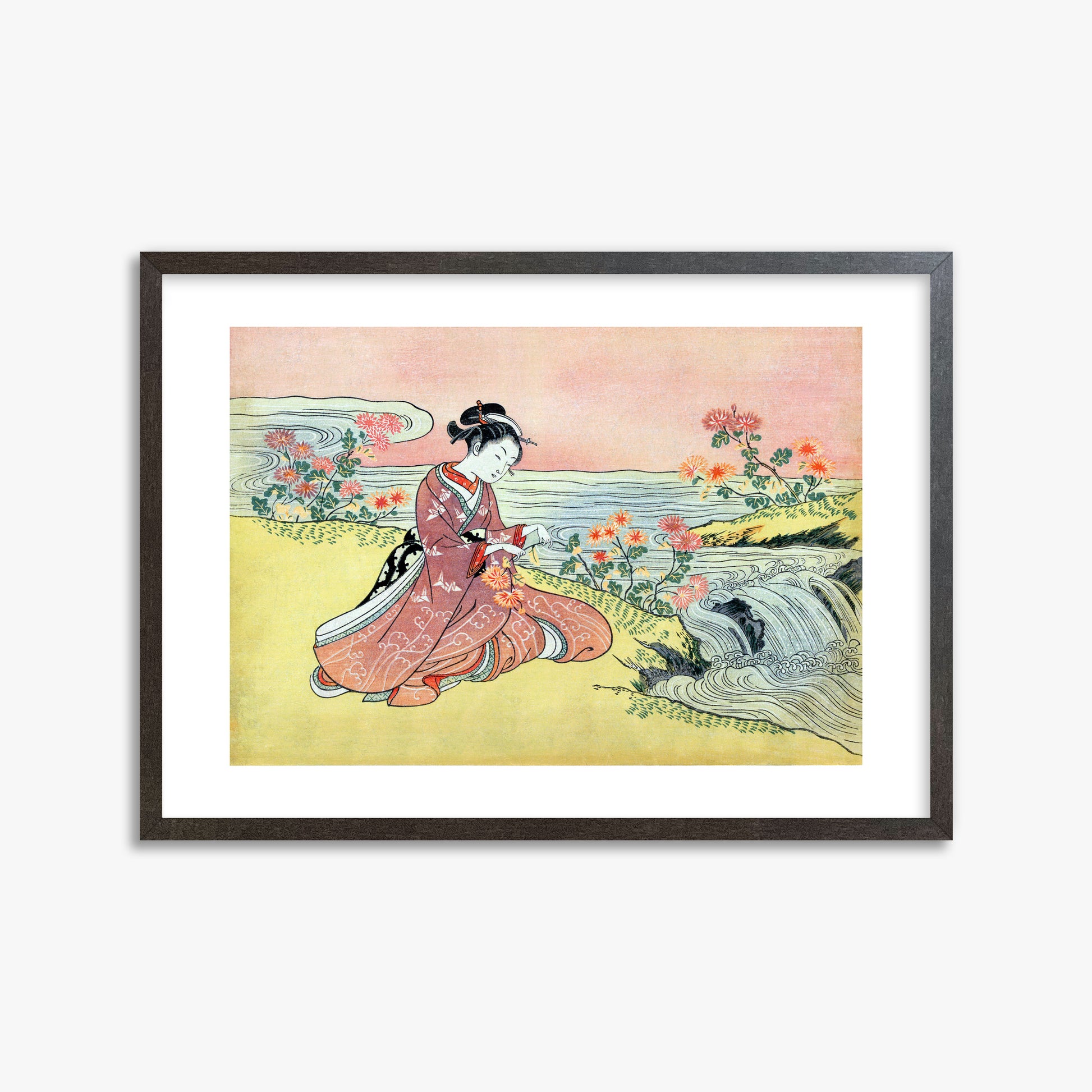 Suzuki Harunobu: Woman Picking Chrysanthemum, 50x70cm Framed Art Reproduction With Espresso Frame