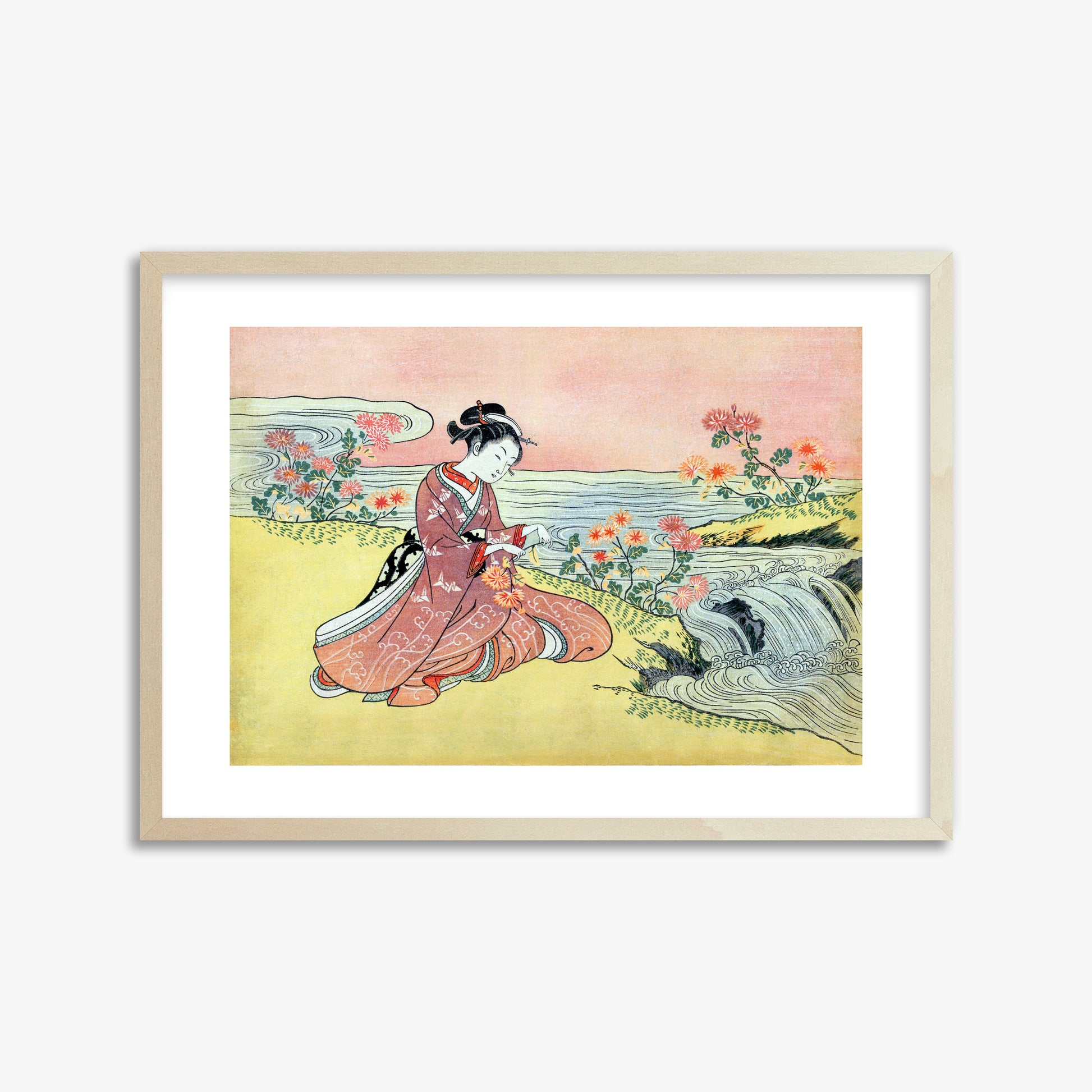 Suzuki Harunobu: Woman Picking Chrysanthemum, 50x70cm Framed Art Reproduction With Lime Wood Frame