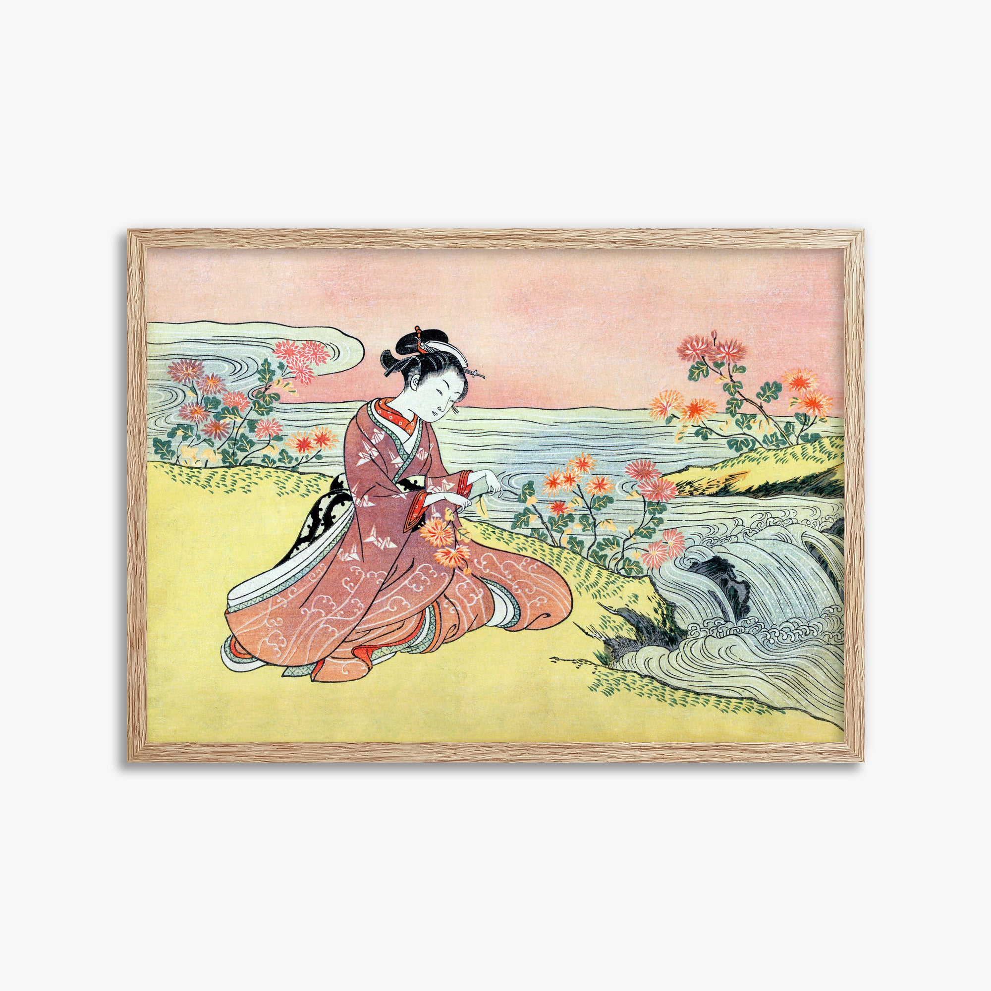 Suzuki Harunobu: Woman Picking Chrysanthemum, 50x70cm Framed Art Reproduction With Raw Oak Frame
