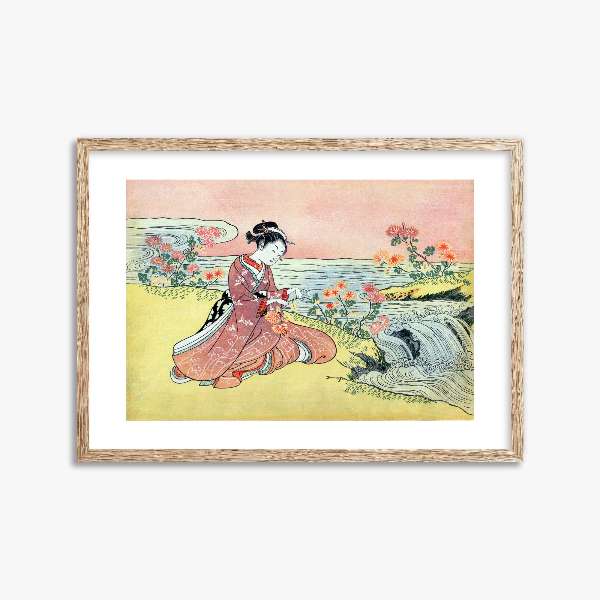 Suzuki Harunobu: Woman Picking Chrysanthemum, 50x70cm Framed Art Reproduction With Raw Oak Frame