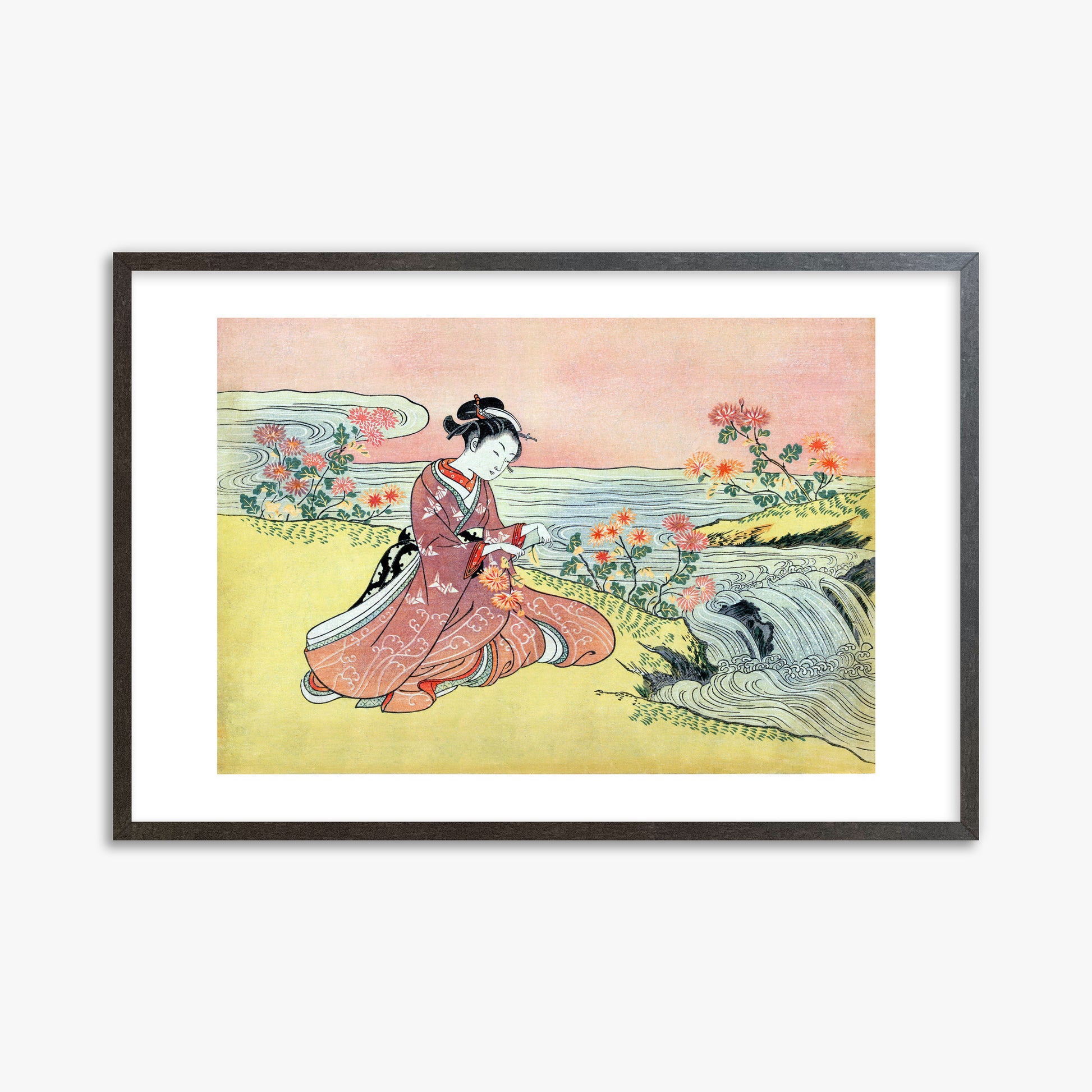 Suzuki Harunobu: Woman Picking Chrysanthemum, 61x91cm Framed Art Reproduction With Espresso Frame