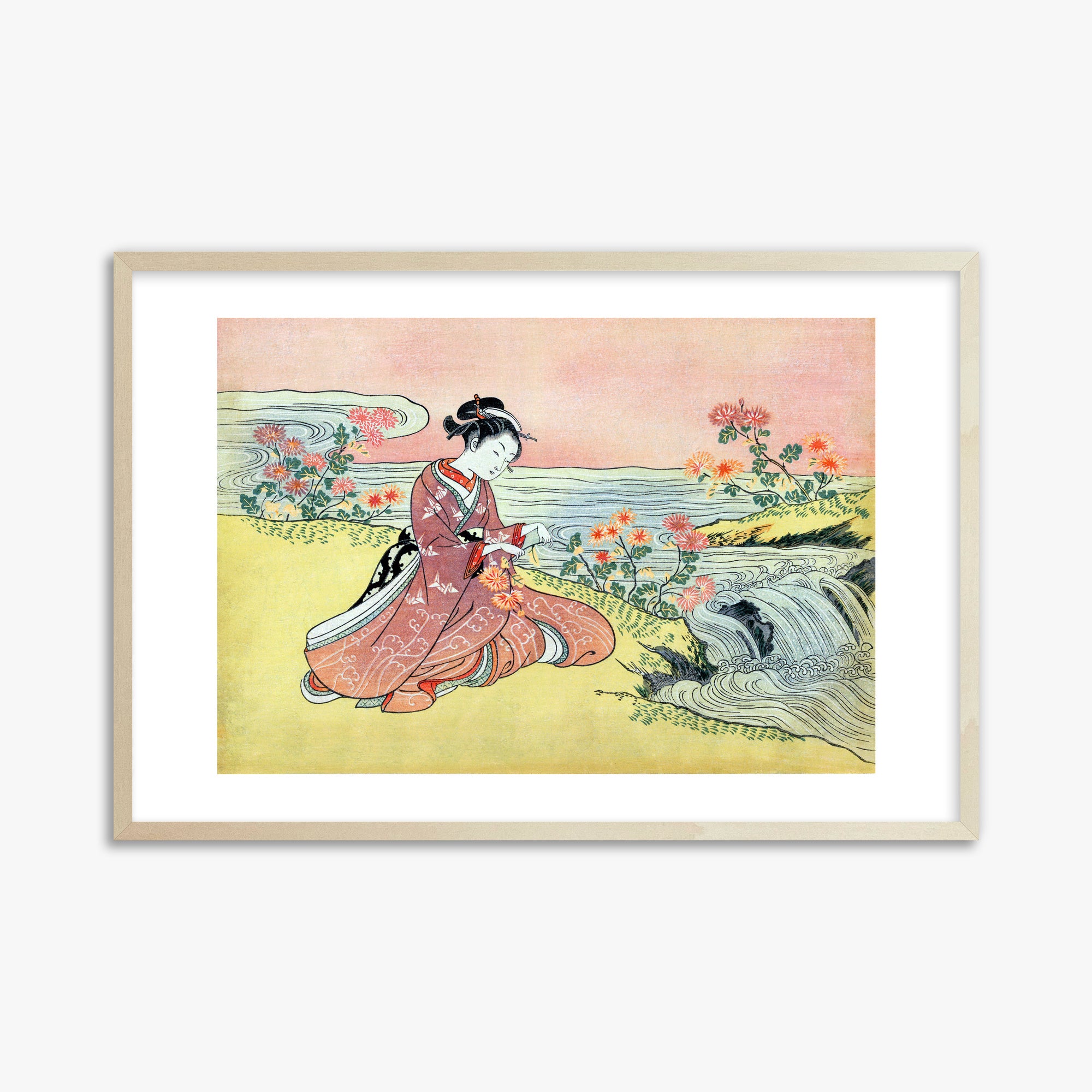 Suzuki Harunobu: Woman Picking Chrysanthemum, 61x91cm Framed Art Reproduction With Lime Wood Frame