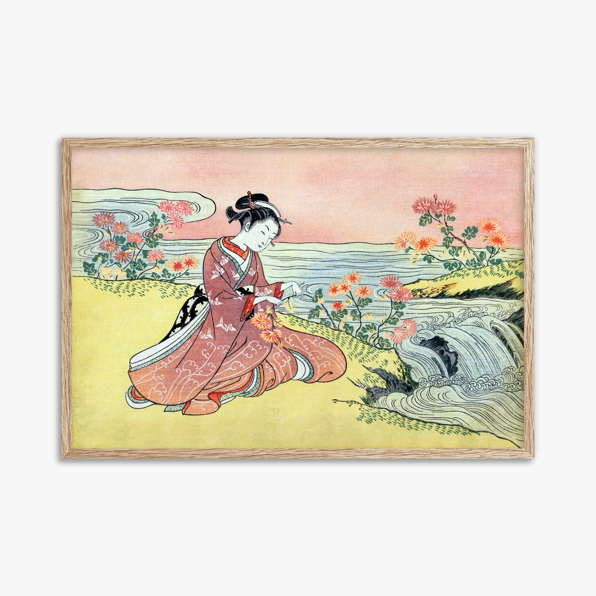 Suzuki Harunobu: Woman Picking Chrysanthemum, 61x91cm Framed Art Reproduction With Raw Oak Frame
